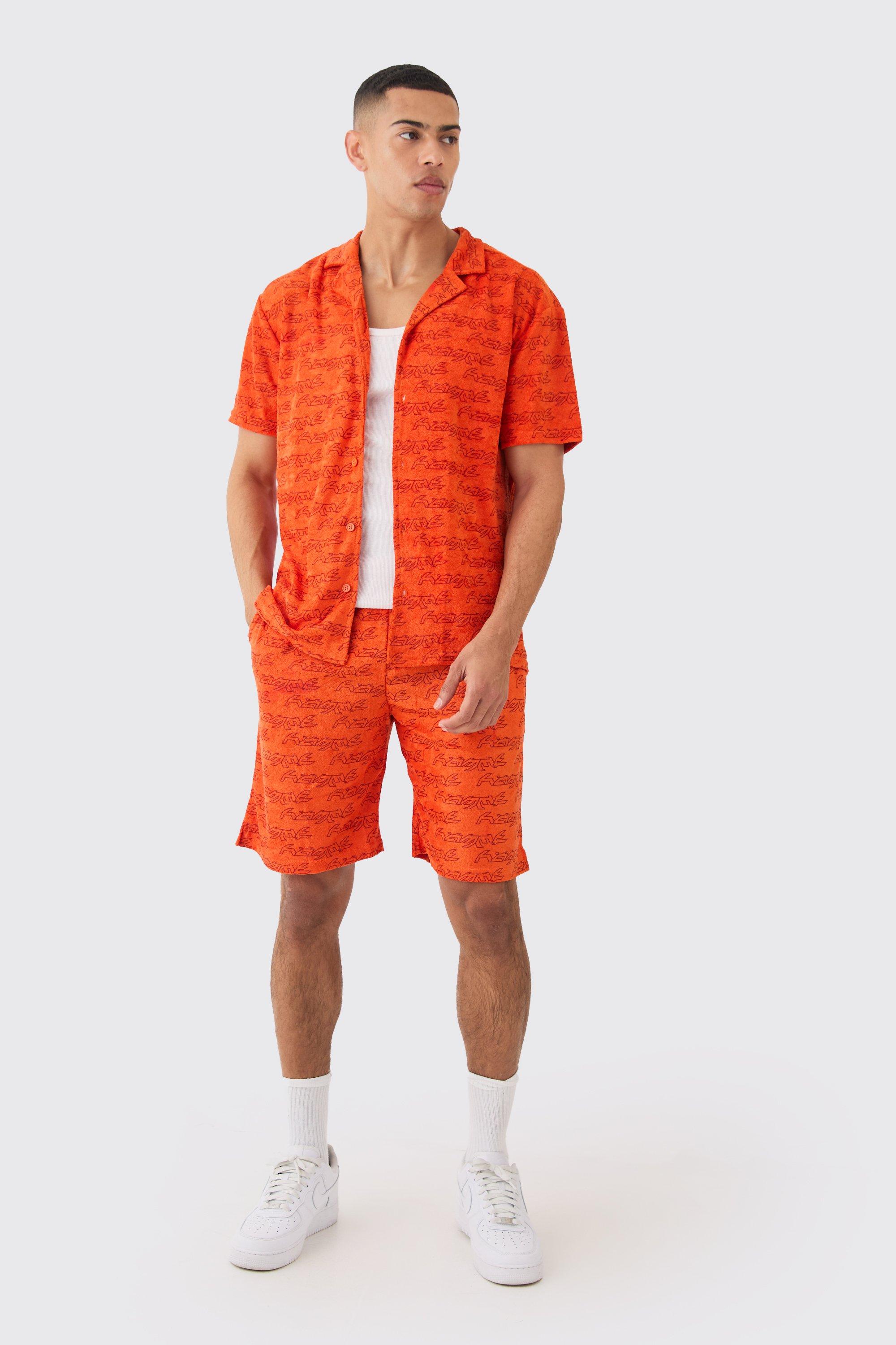 Mens Orange Oversized Towelling Shirt And Short Set, Orange