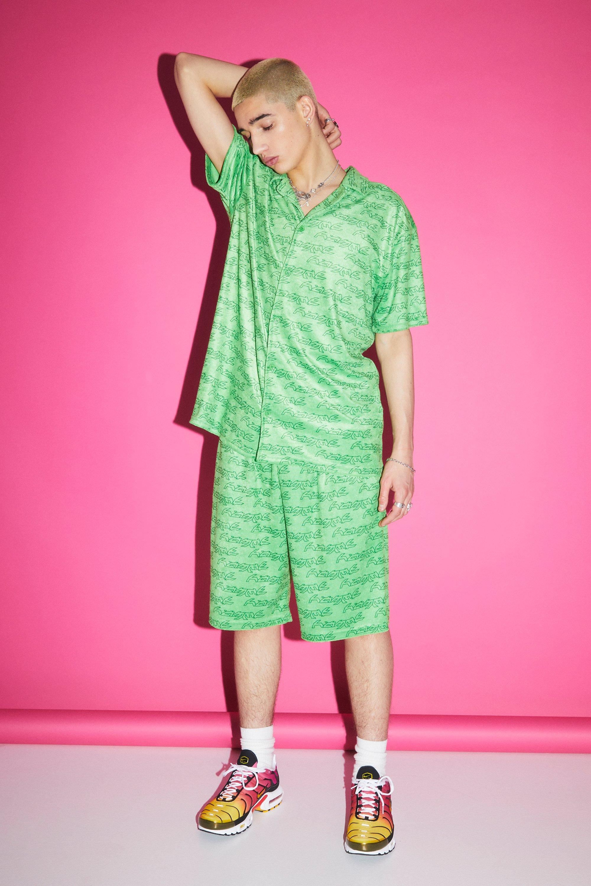 Mens Green Oversized Towelling Shirt And Short Set, Green