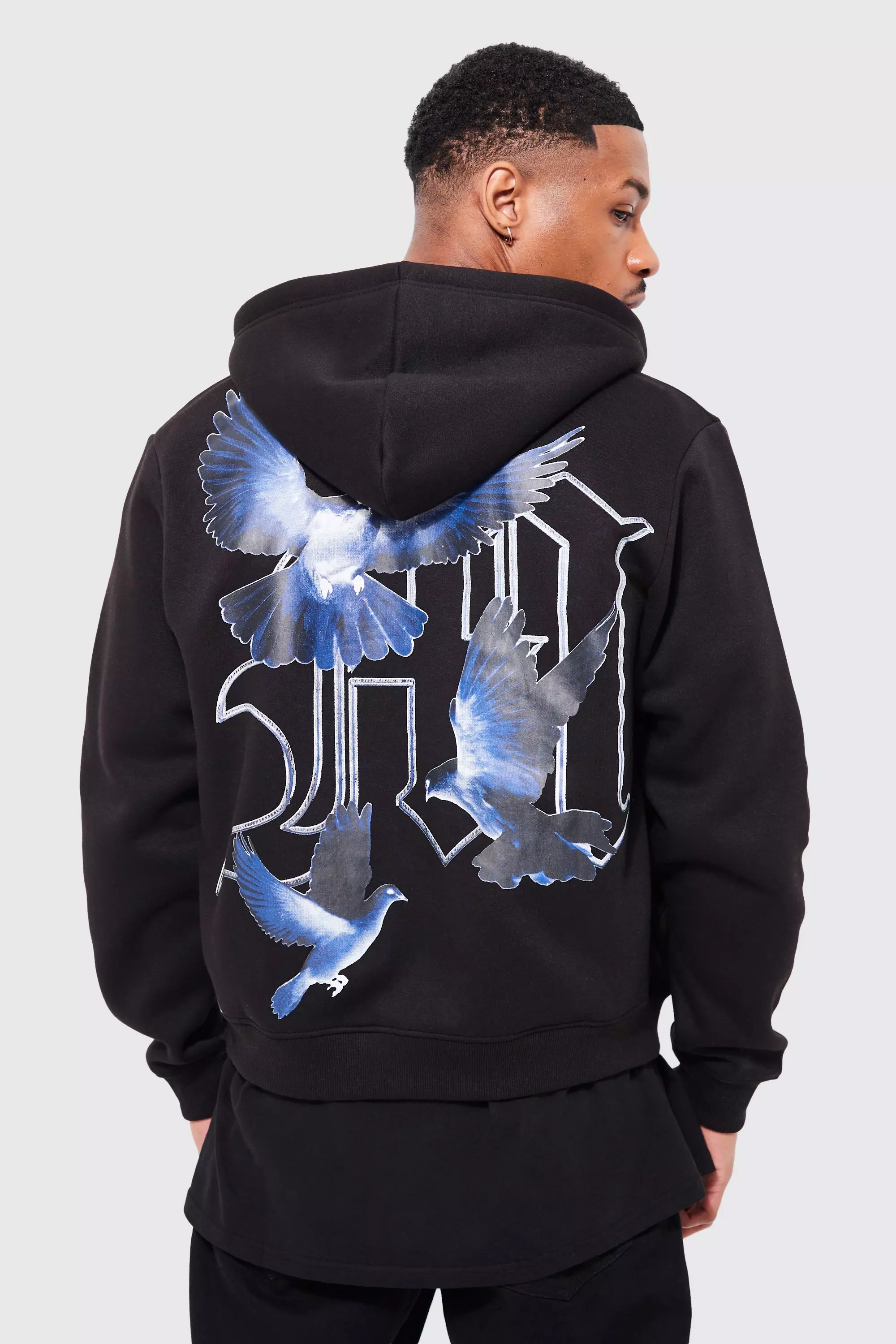 Oversized Boxy Zip Through Graphic Hoodie