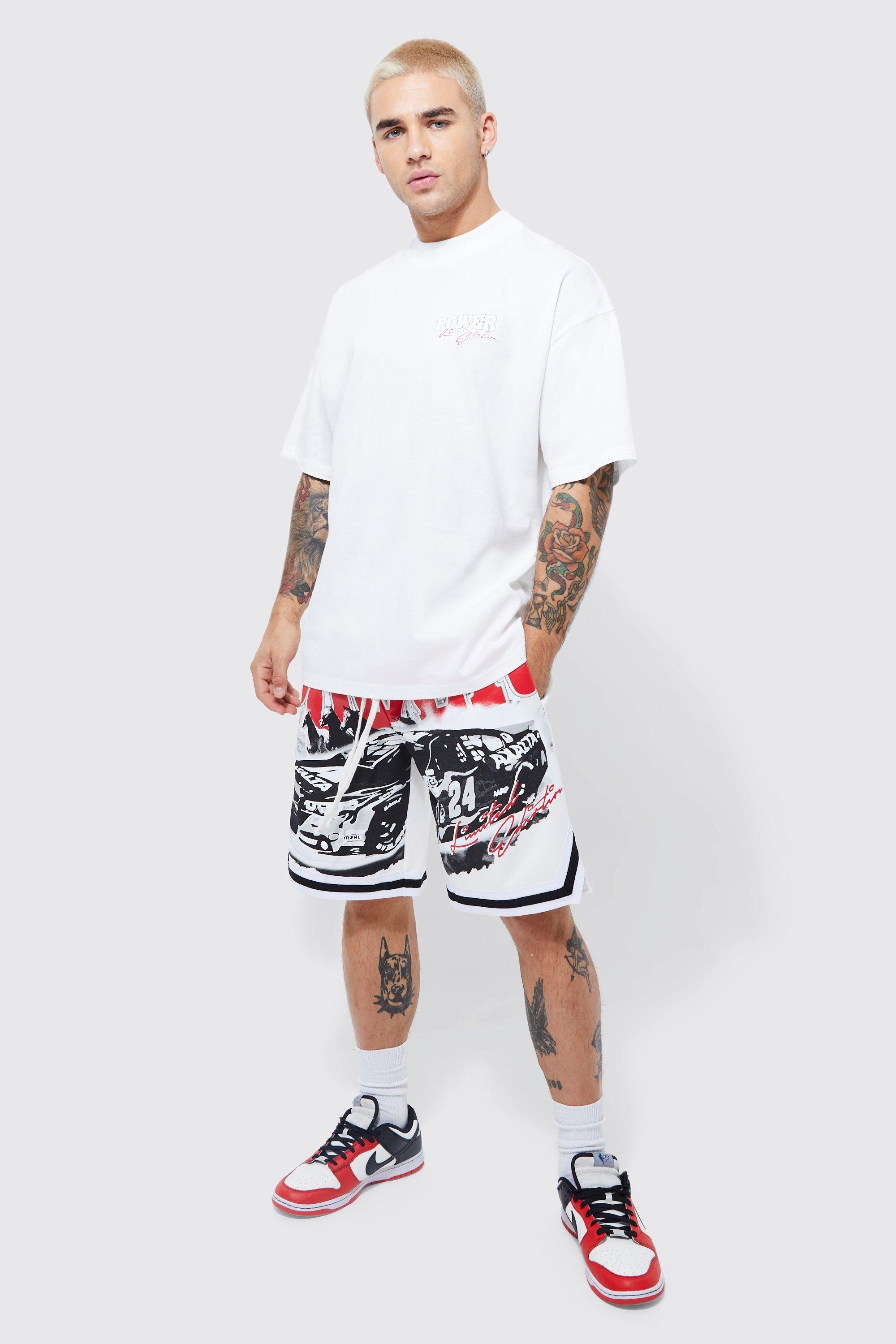 boohooMAN Mens Oversized Boxy Worldwide Basketball Short Set - White