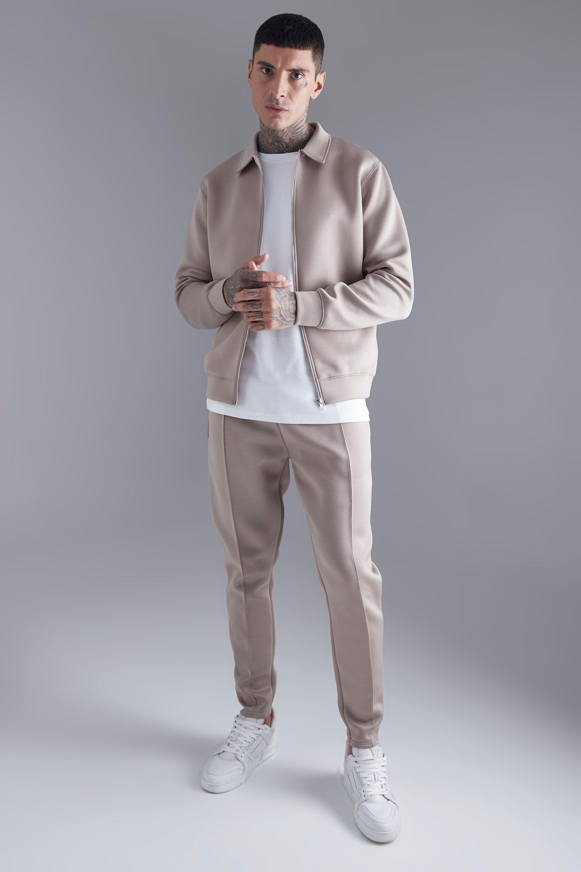 Mens Beige Bonded Scuba Harrington Jacket Set, Beige
