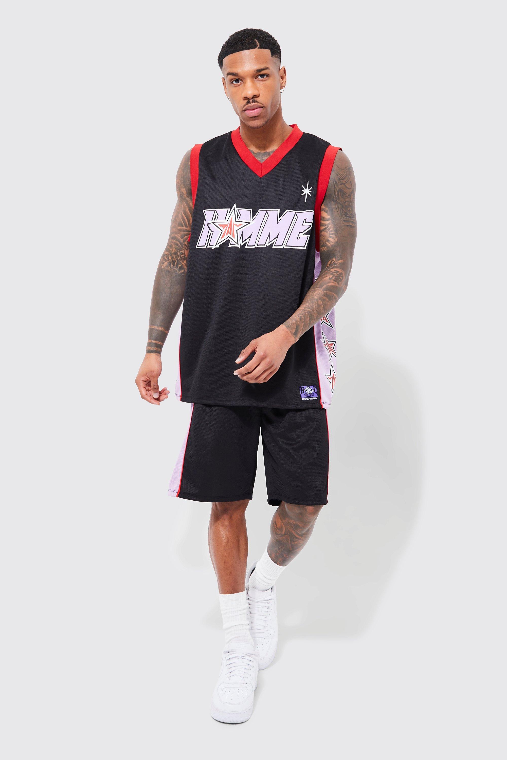 Mens Black Mesh Homme Basketball Short Set, Black