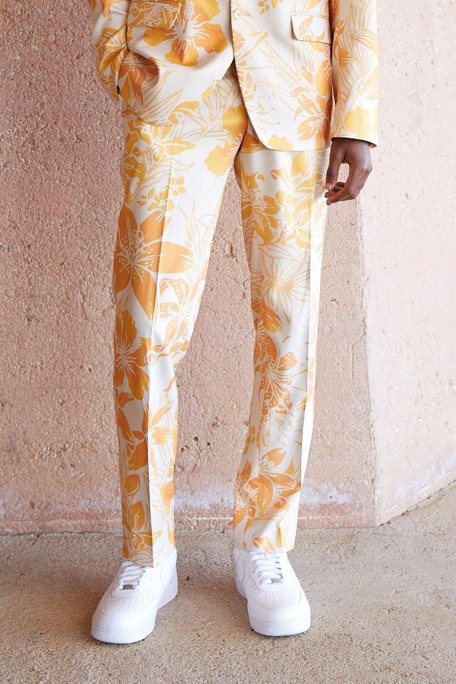 men's slim fit printed floral suit trousers - cream - 28, cream