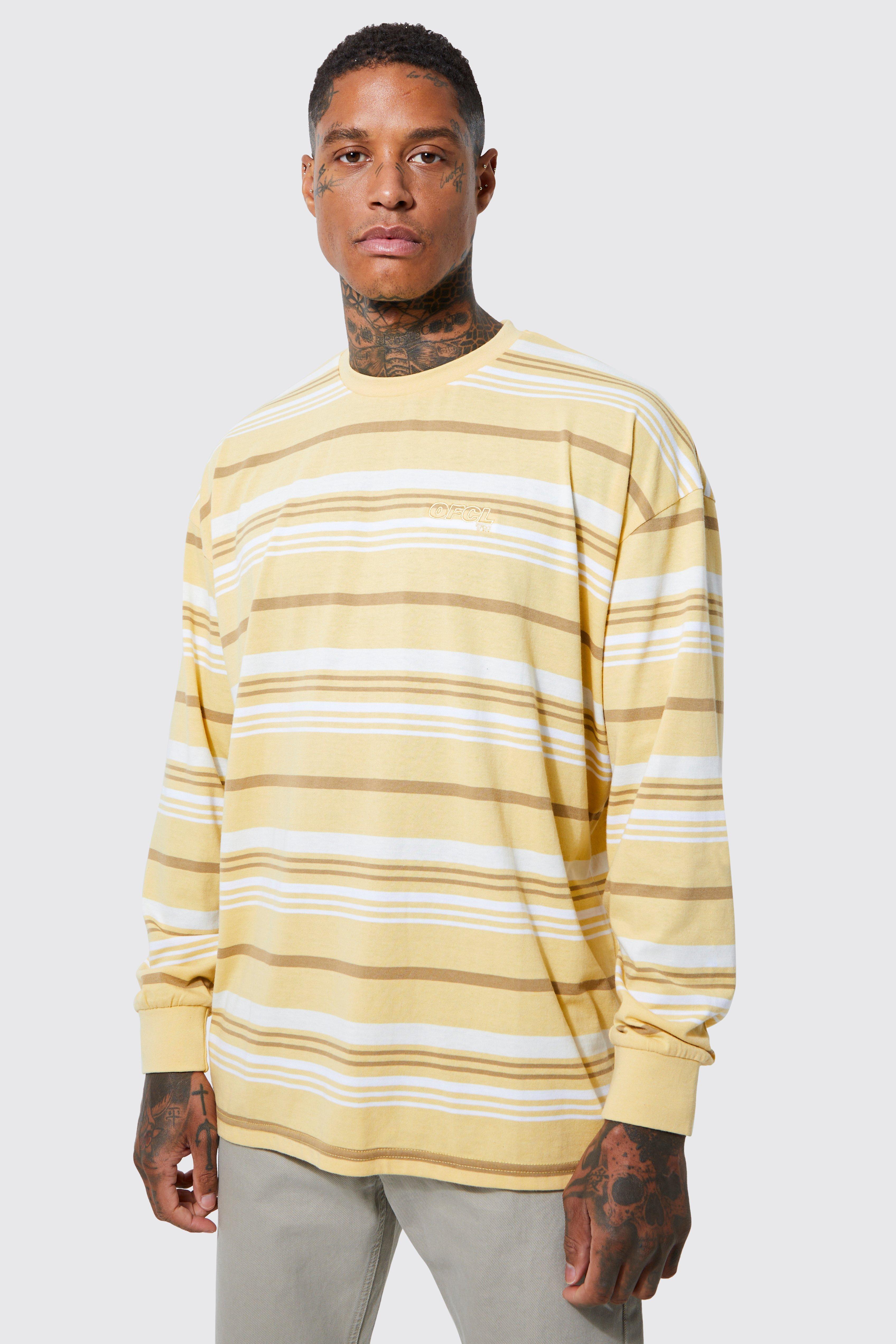 Mens Yellow Oversized Ofcl Long Sleeve Stripe T-shirt, Yellow