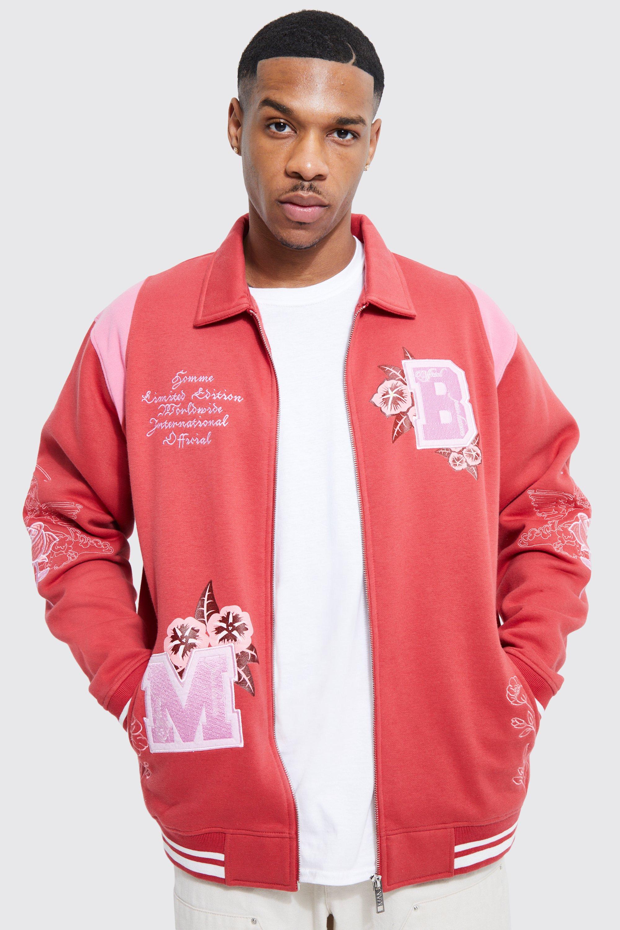 Mens Red Oversized Badge Applique Jersey Jacket, Red