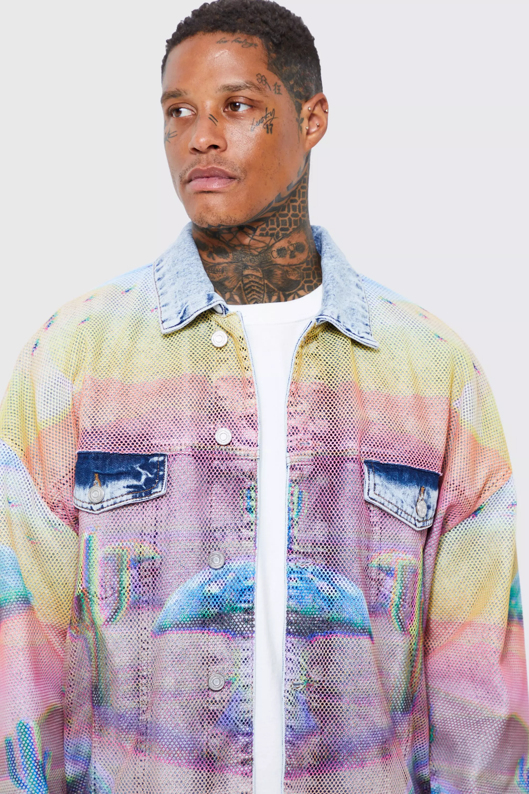 Mesh Overlay Graphic Jean Jacket | boohooMAN USA