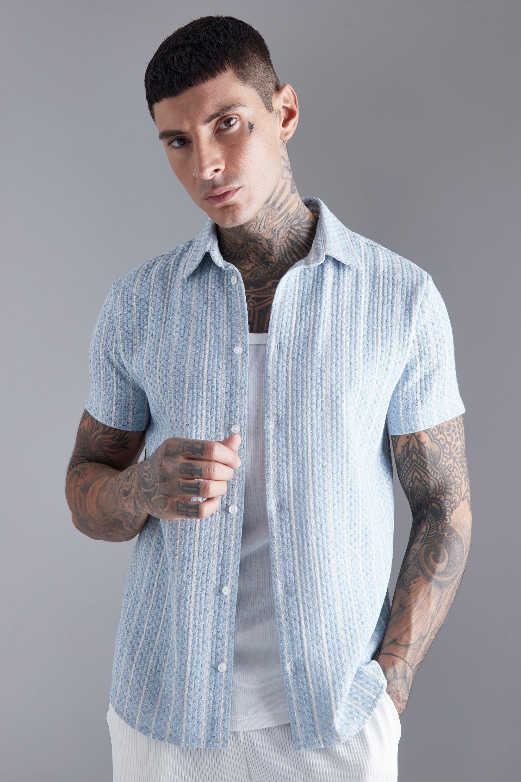 Mens Blue Short Sleeve Textured Stripe Regular Fit Shirt, Blue