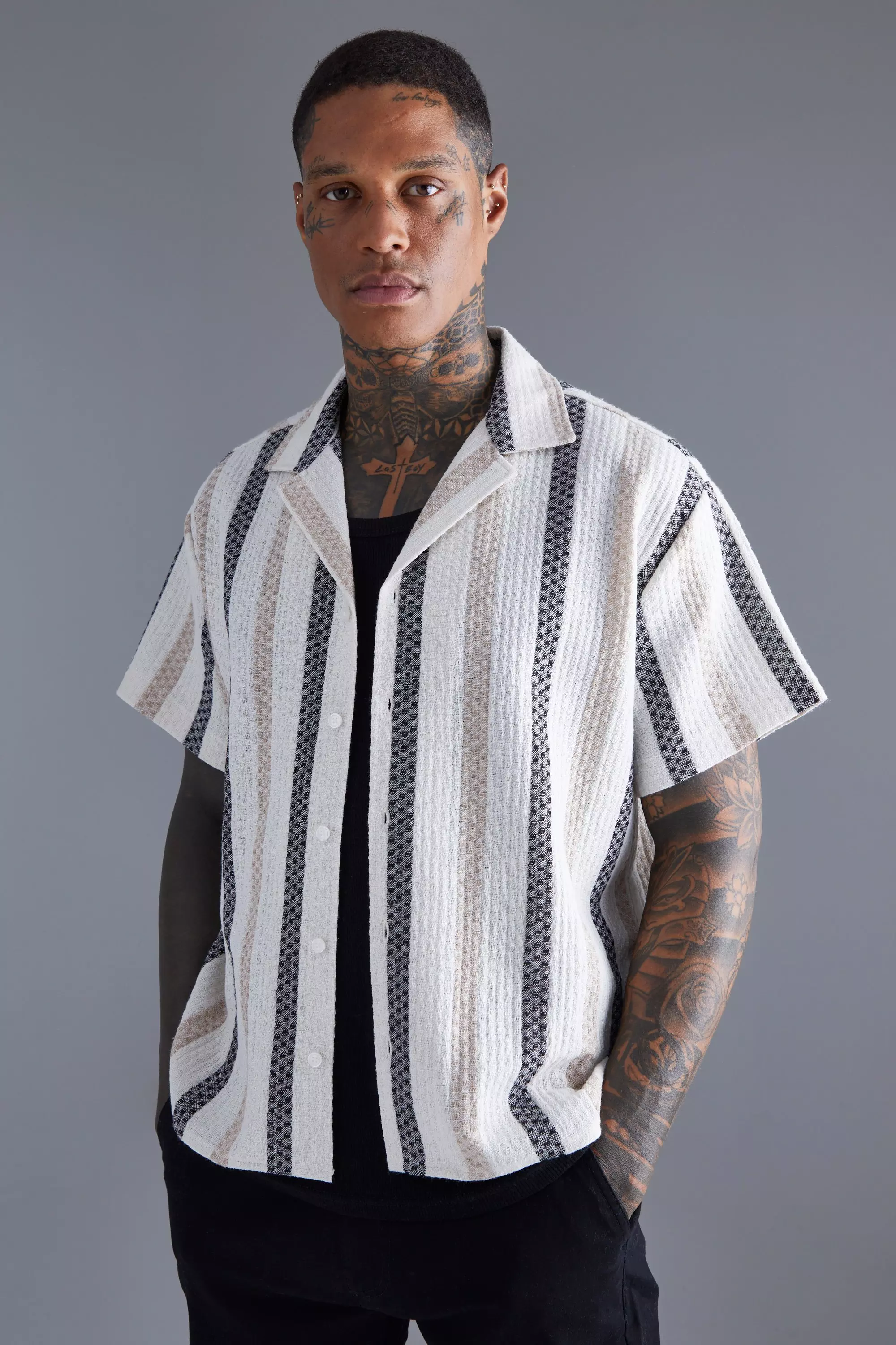 Grey and white striped best sale shirt mens