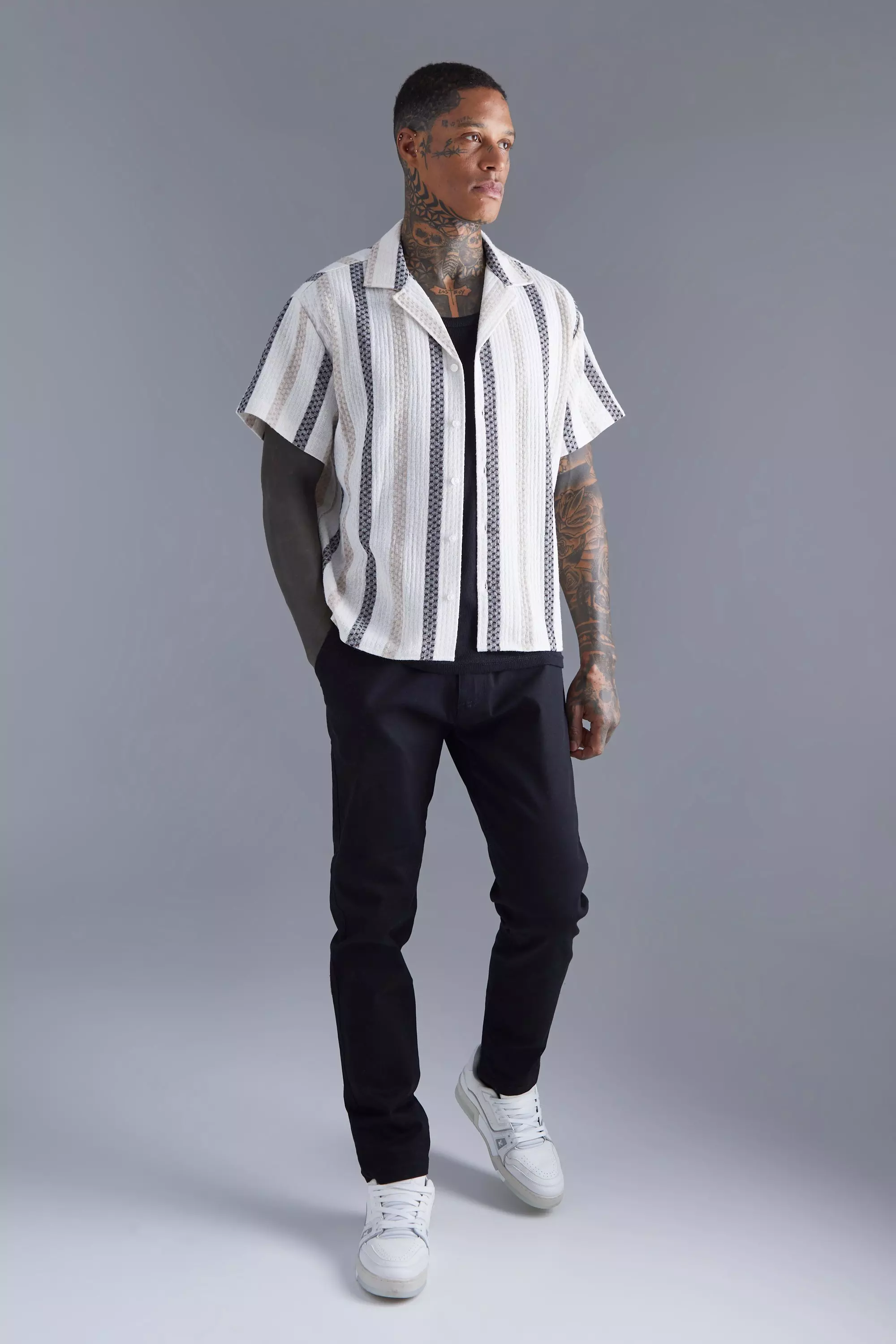 Grey and white hot sale striped shirt mens