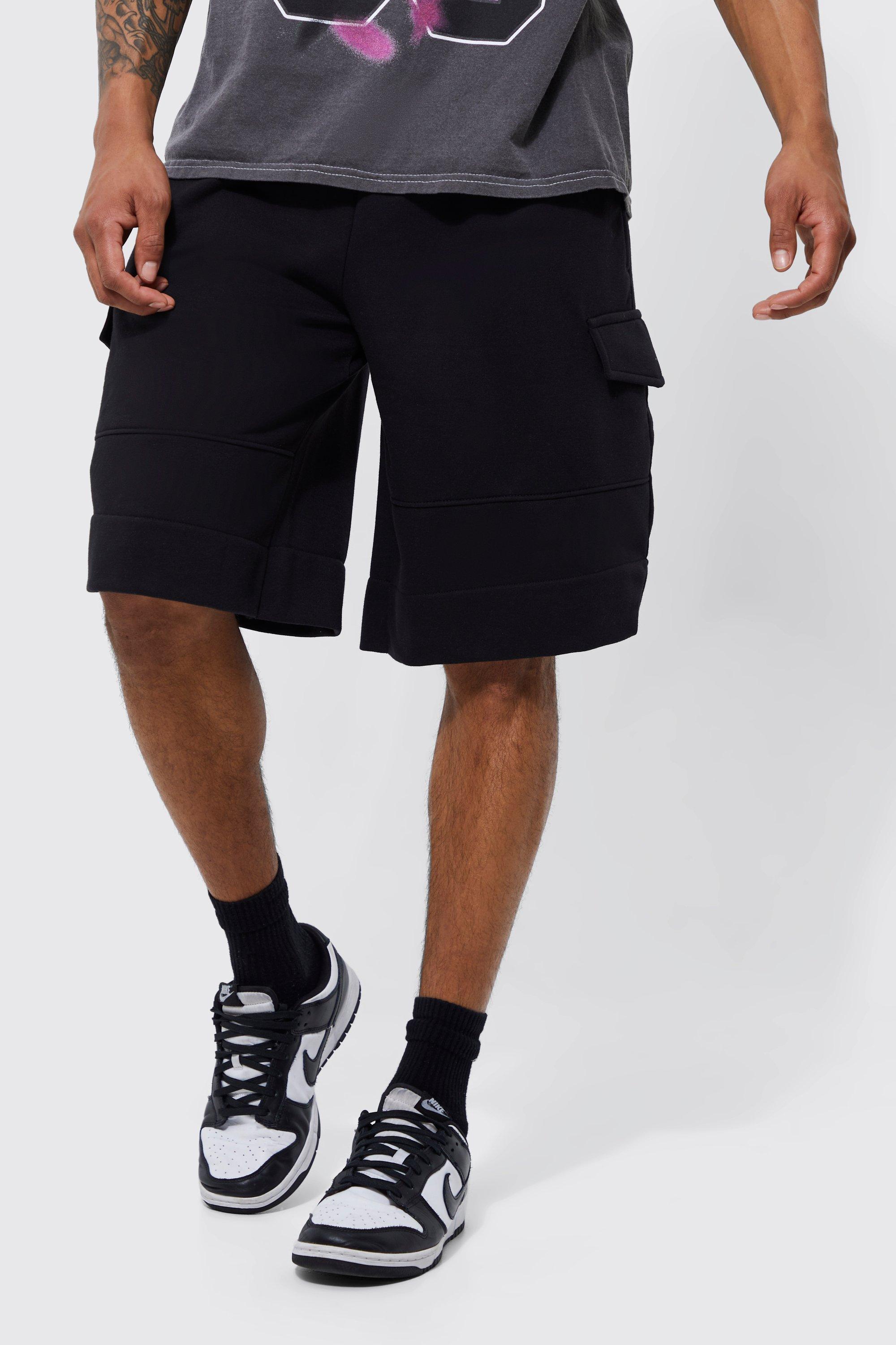 Mens Black Oversized Long Length Notch Hem Cargo Short, Black