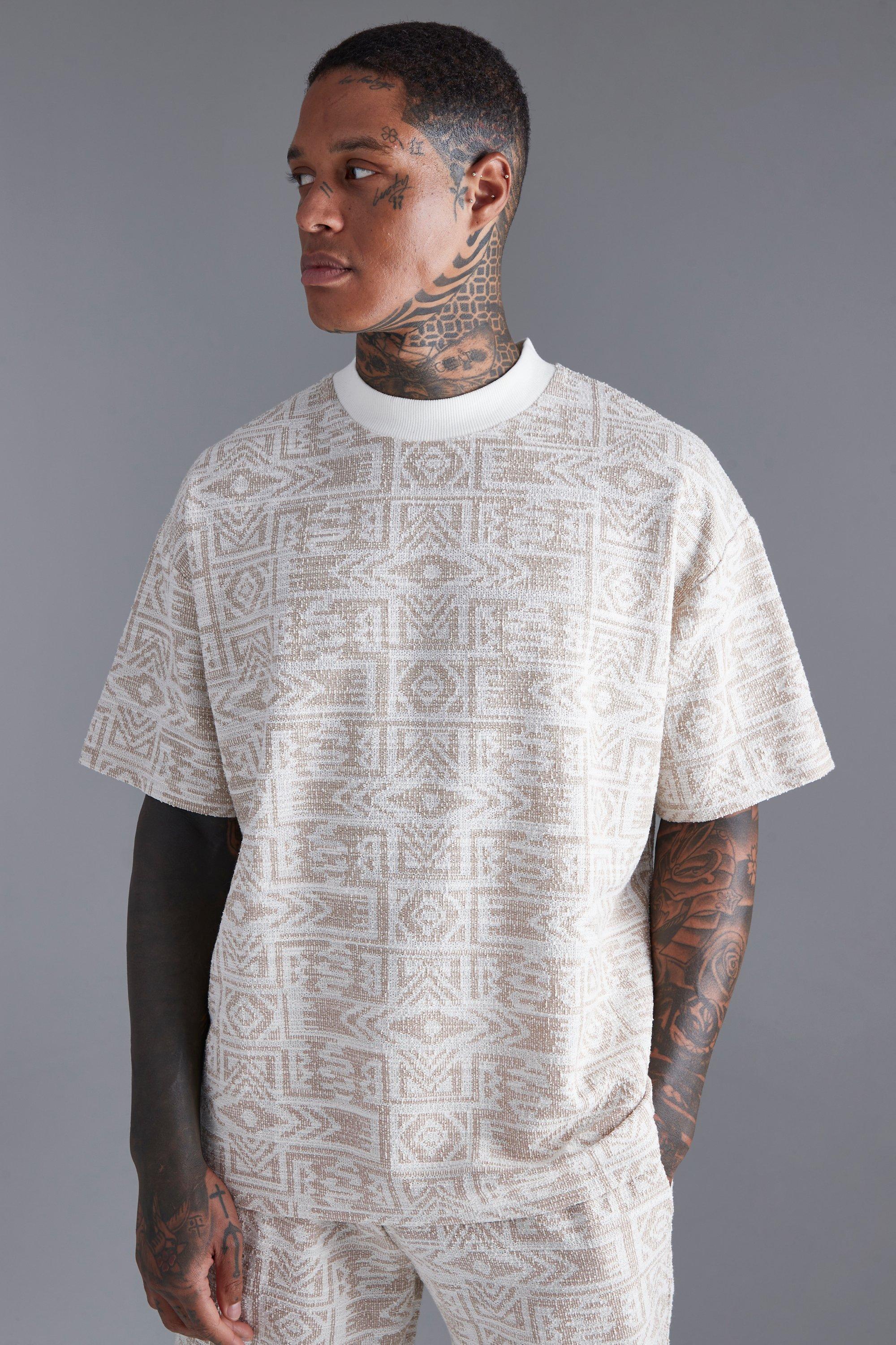 Mens Tan Oversized Ex Neck Jacquard Aztec T-shirt, Tan