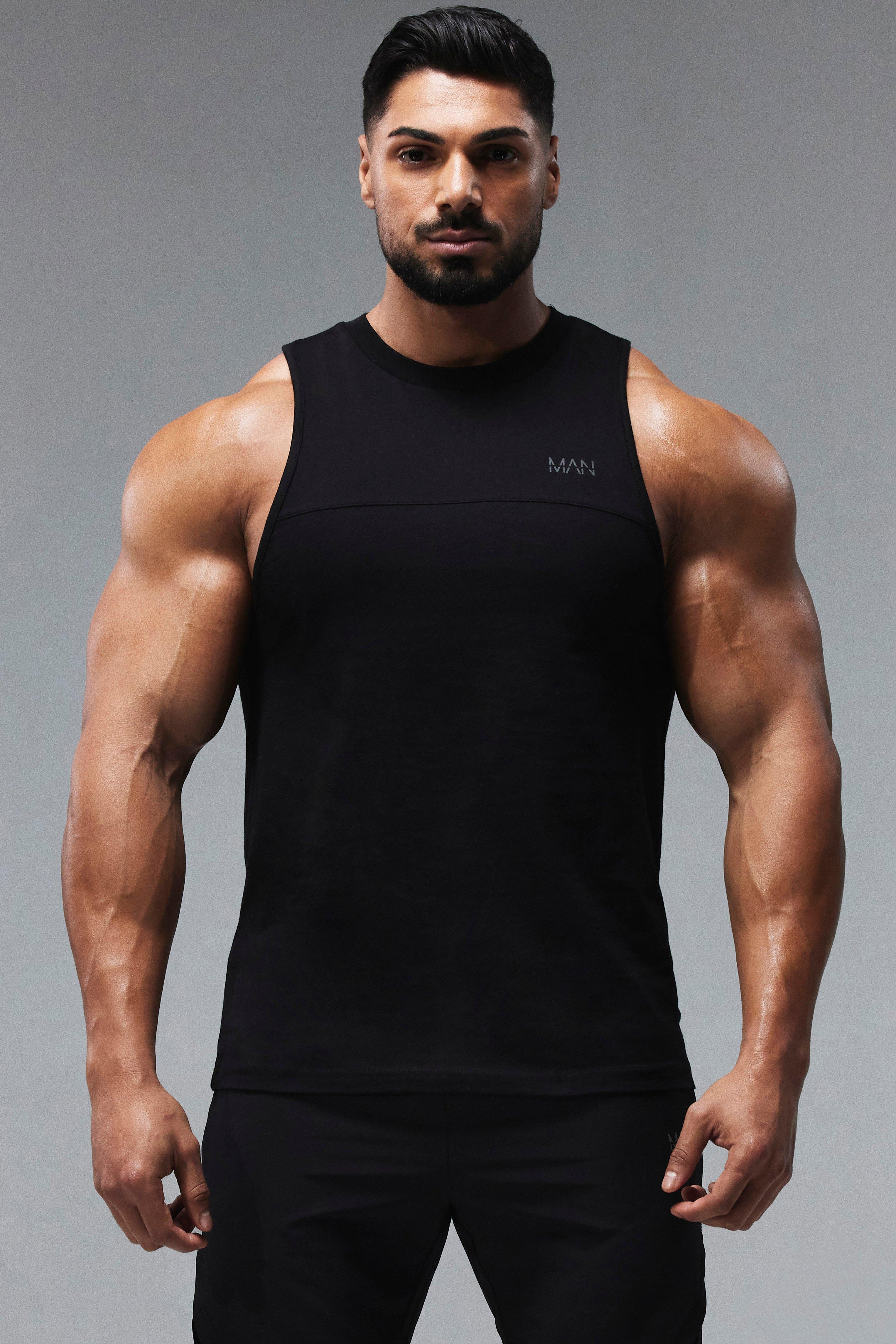 Mens Black Man Active X Andrei Gym Reg Fit Racer vest, Black
