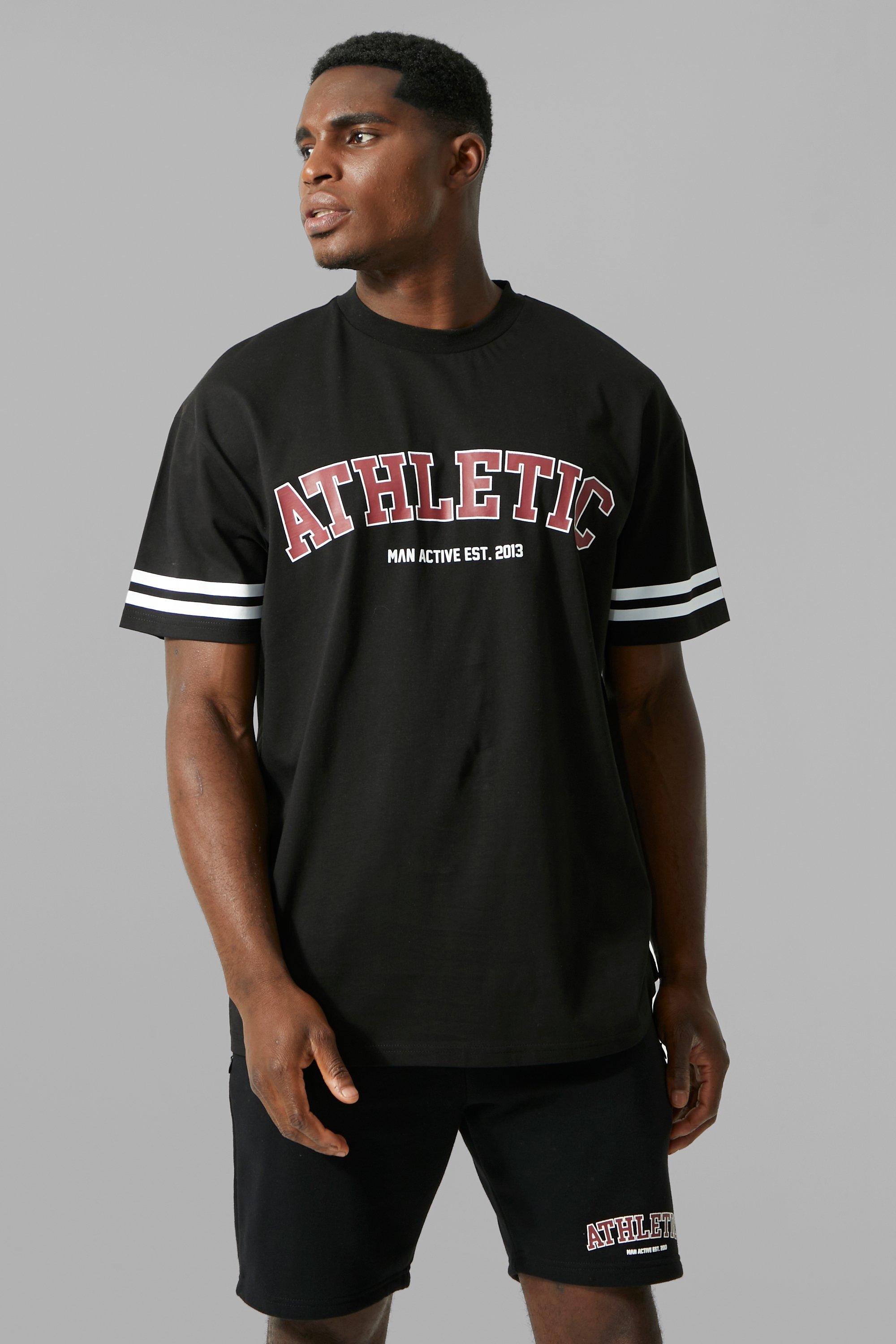Mens Black Man Active Oversized Athletic Stripe T-shirt, Black
