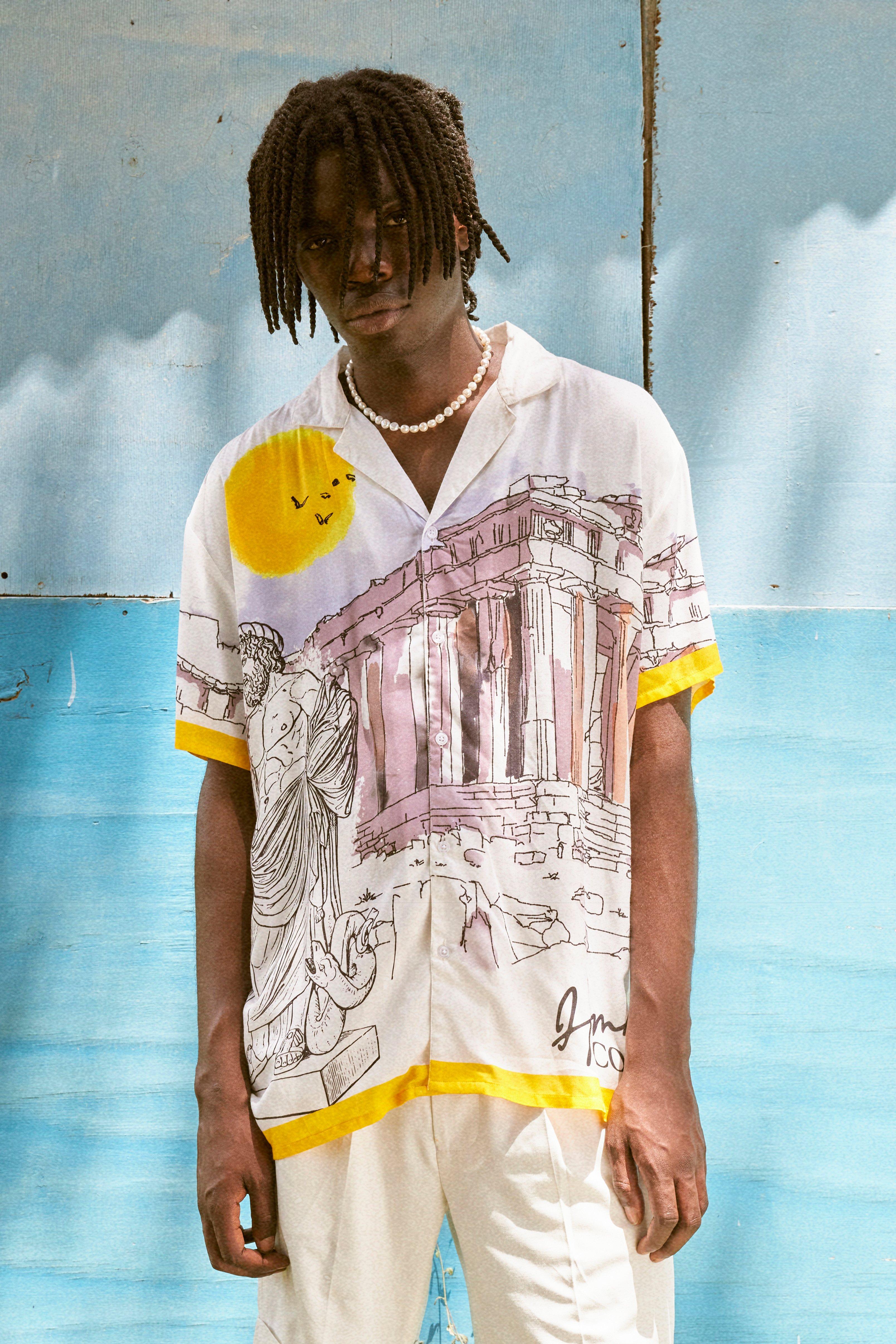 Mens White Oversized Viscose Scene Printed Shirt, White