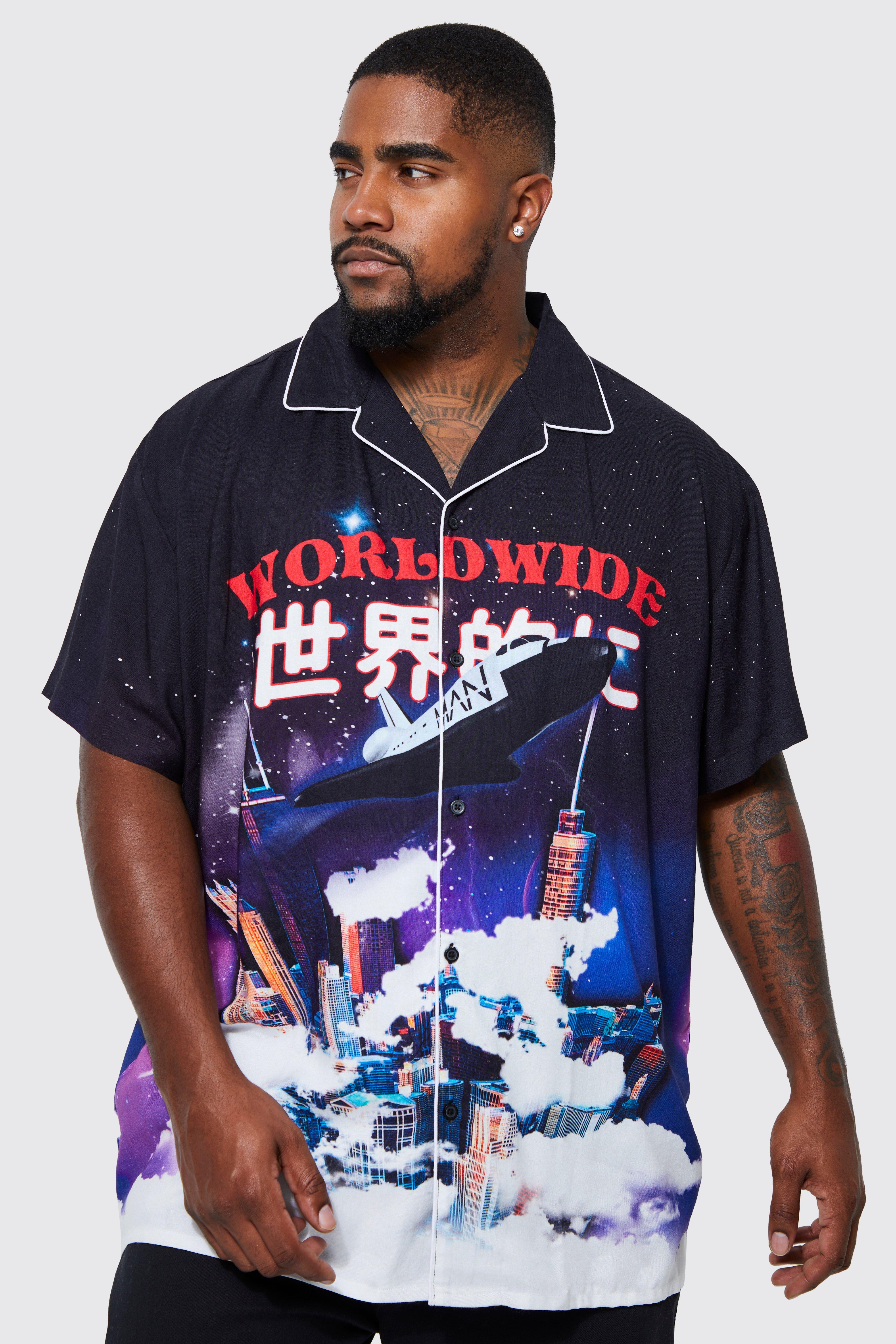 Mens Black Plus Oversized Dropped Revere Worldwide Shirt, Black