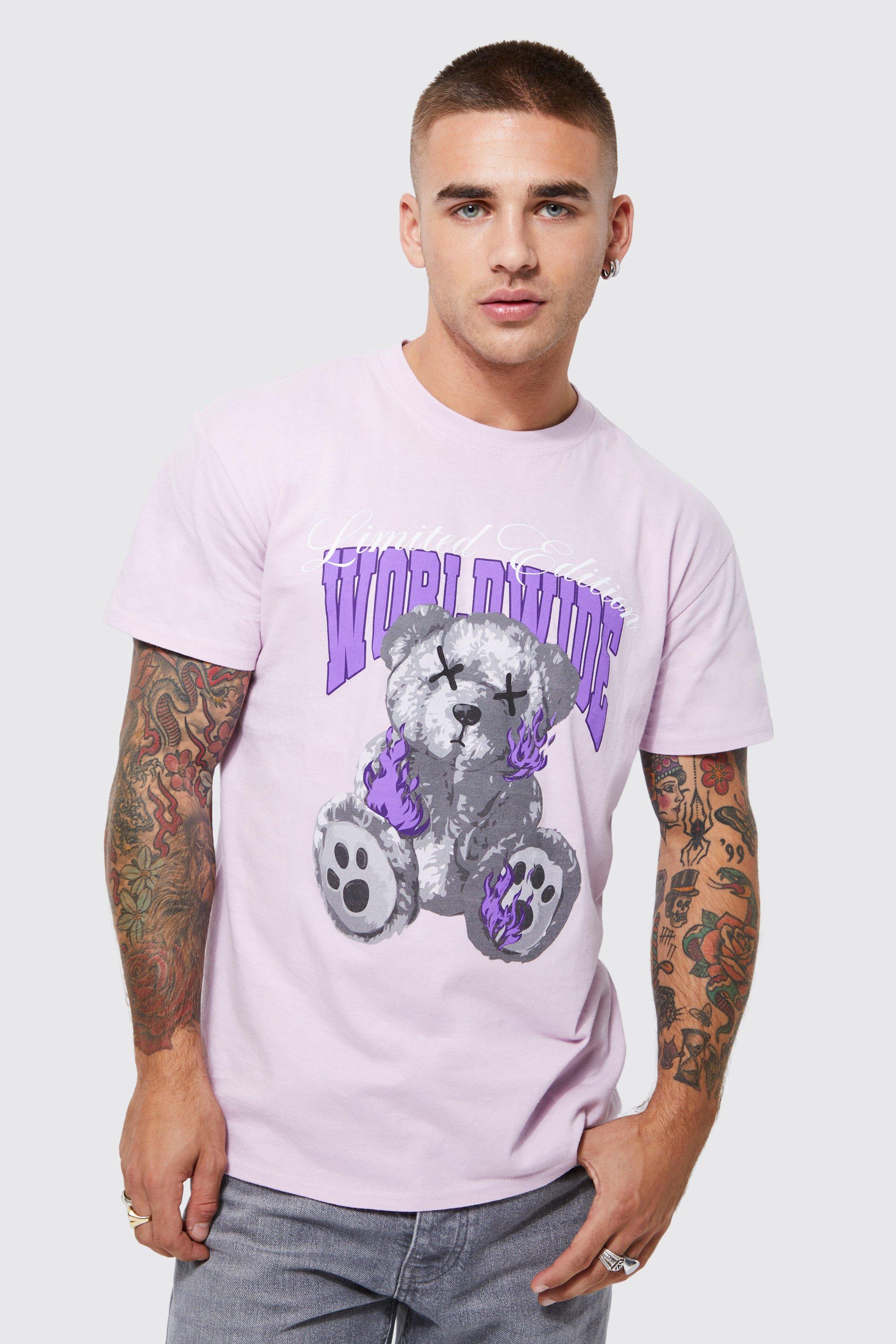 Mens Purple Worldwide Flames Teddy Graphic T-shirt, Purple