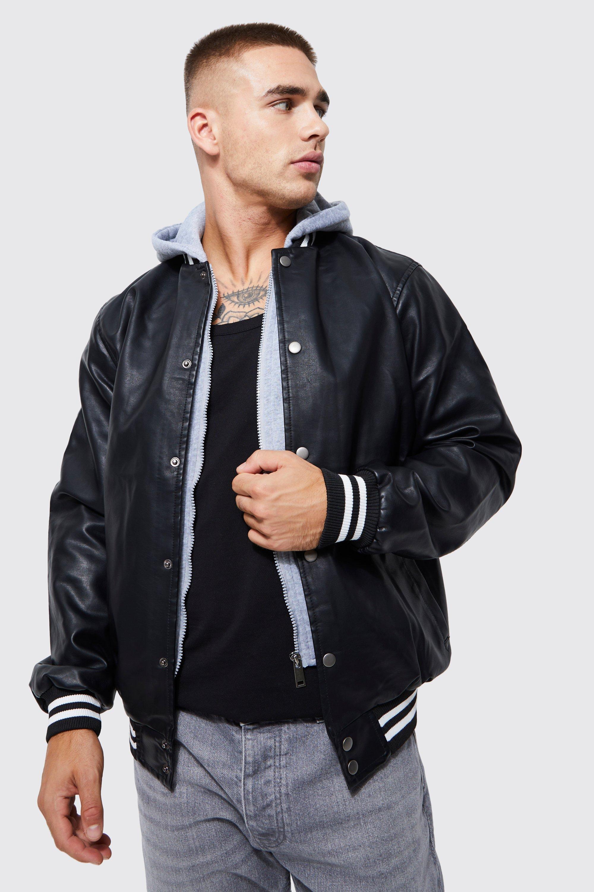 Mens Black Pu Varsity Bomber With Jersey Hood, Black