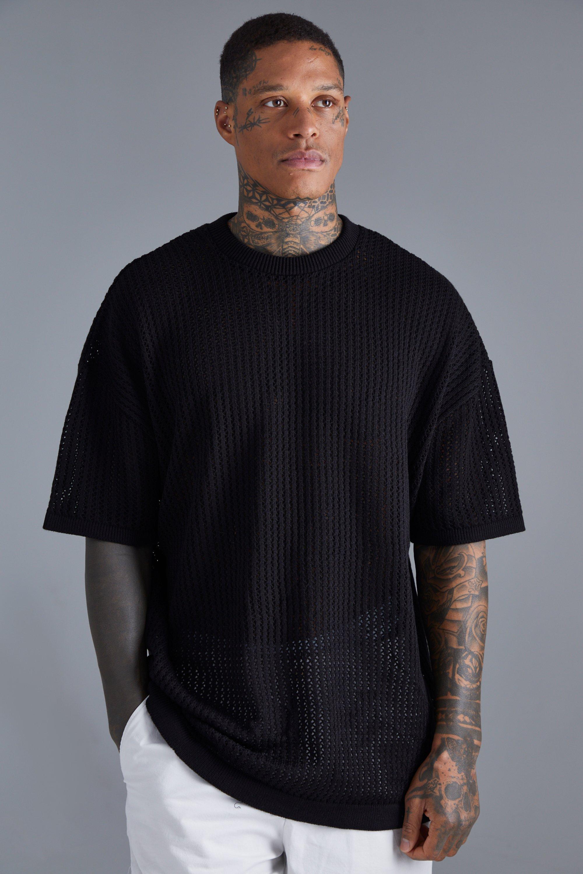 Mens Black Oversized Drop Shoulder Open Stitch T-shirt, Black