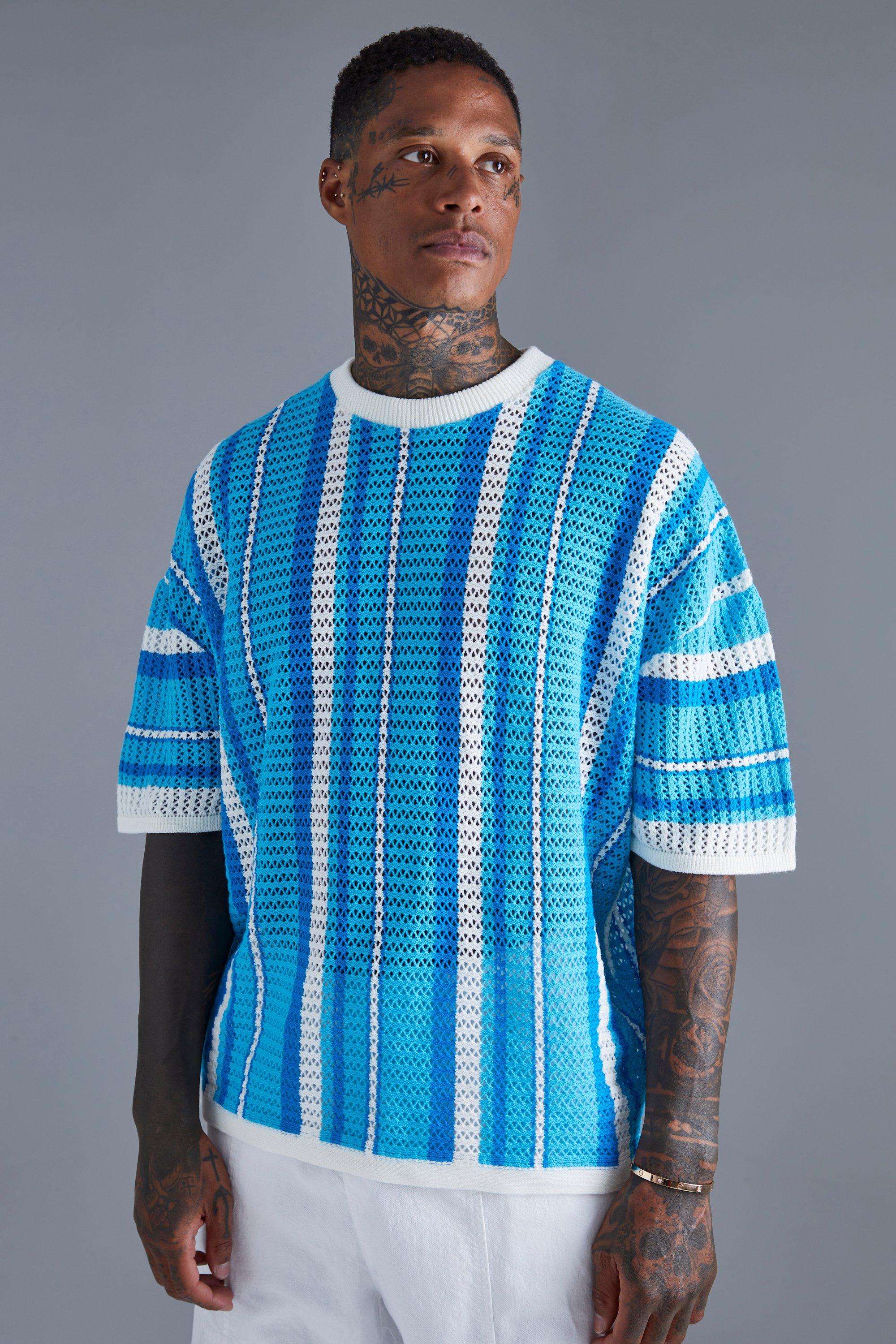 Mens Blue Oversized Striped Crochet T-shirt, Blue