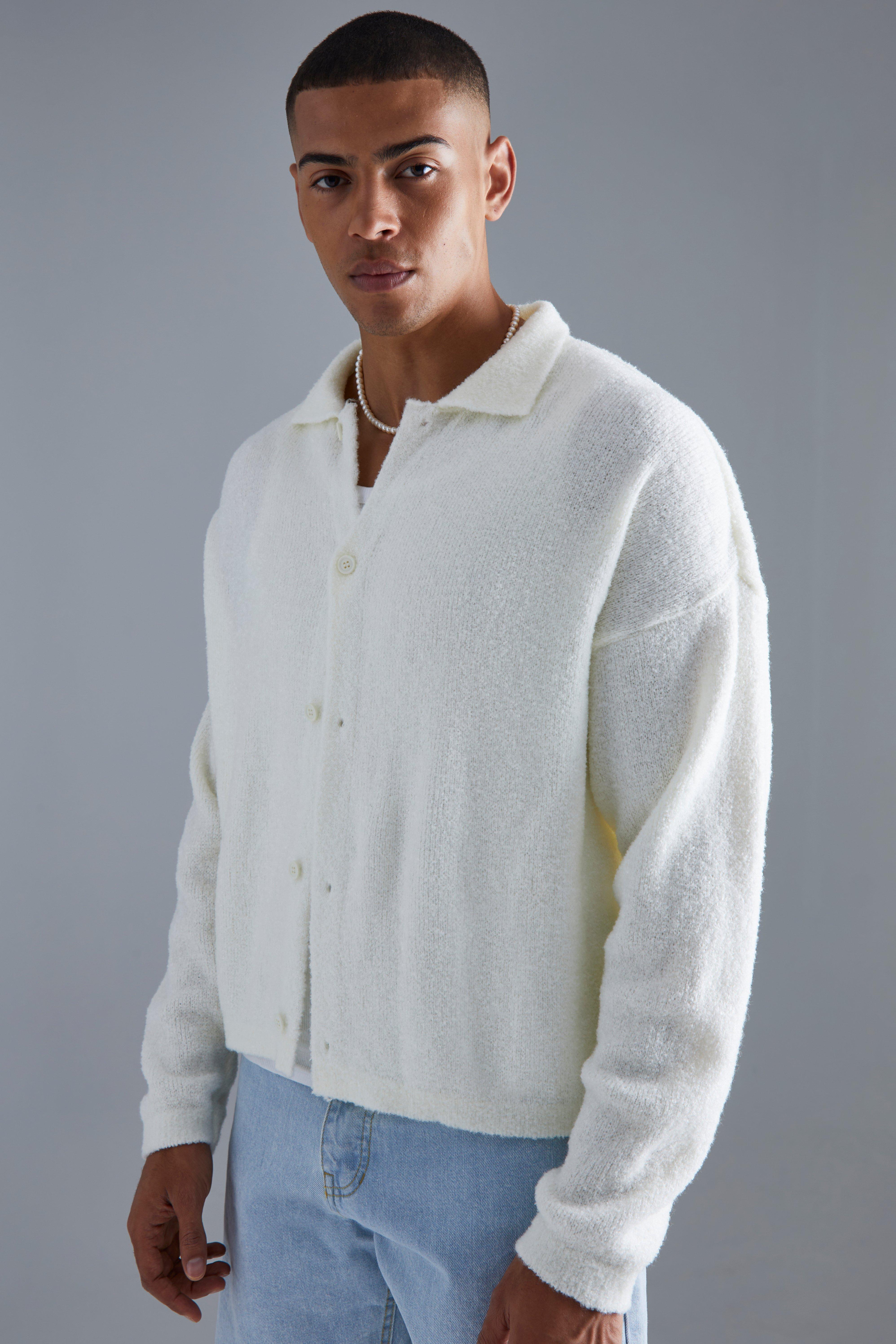 Mens Cream Boxy Fit Brushed Knit Shirt, Cream