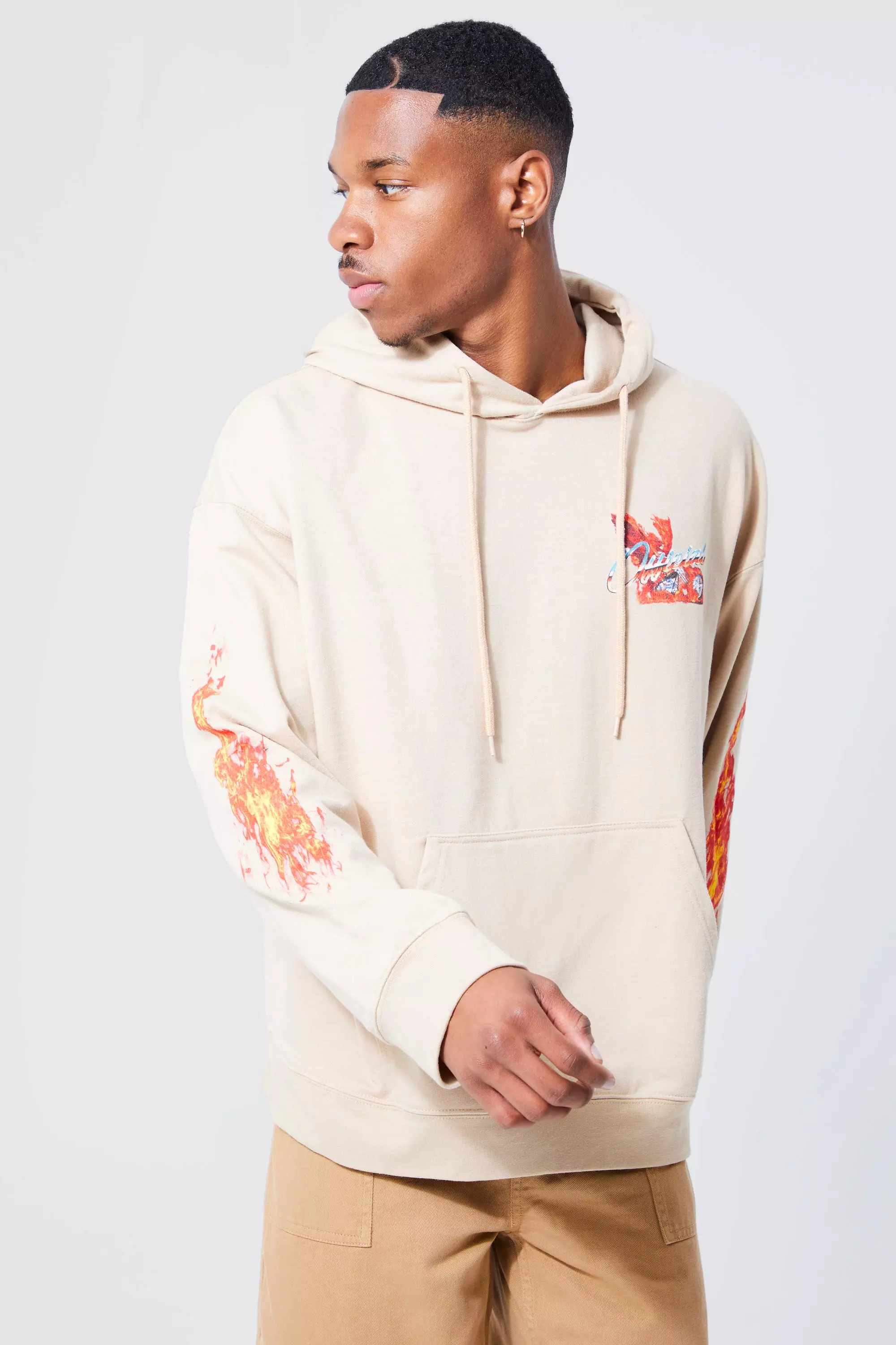 Oversized Flame Graphic Hoodie | boohooMAN UK