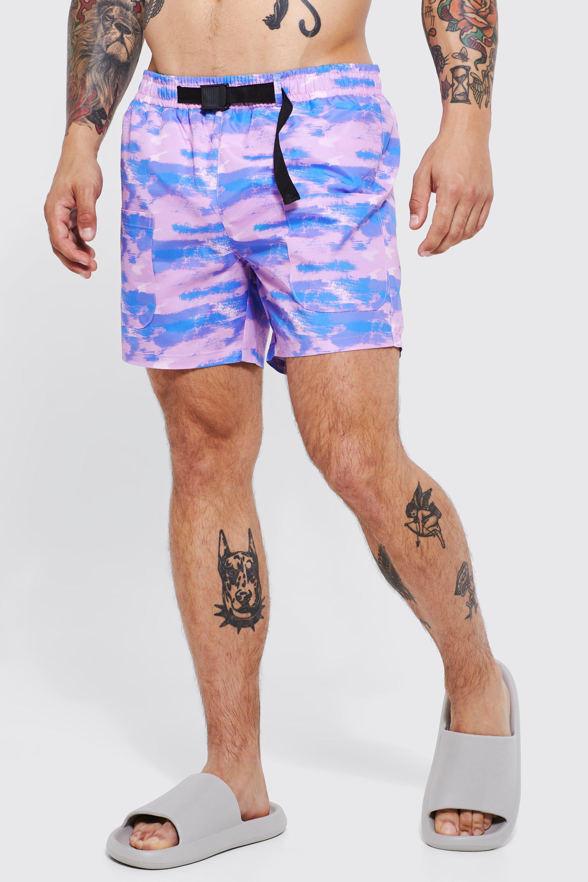 Mens Purple Mid Length Abstract Cargo Swim Shorts, Purple