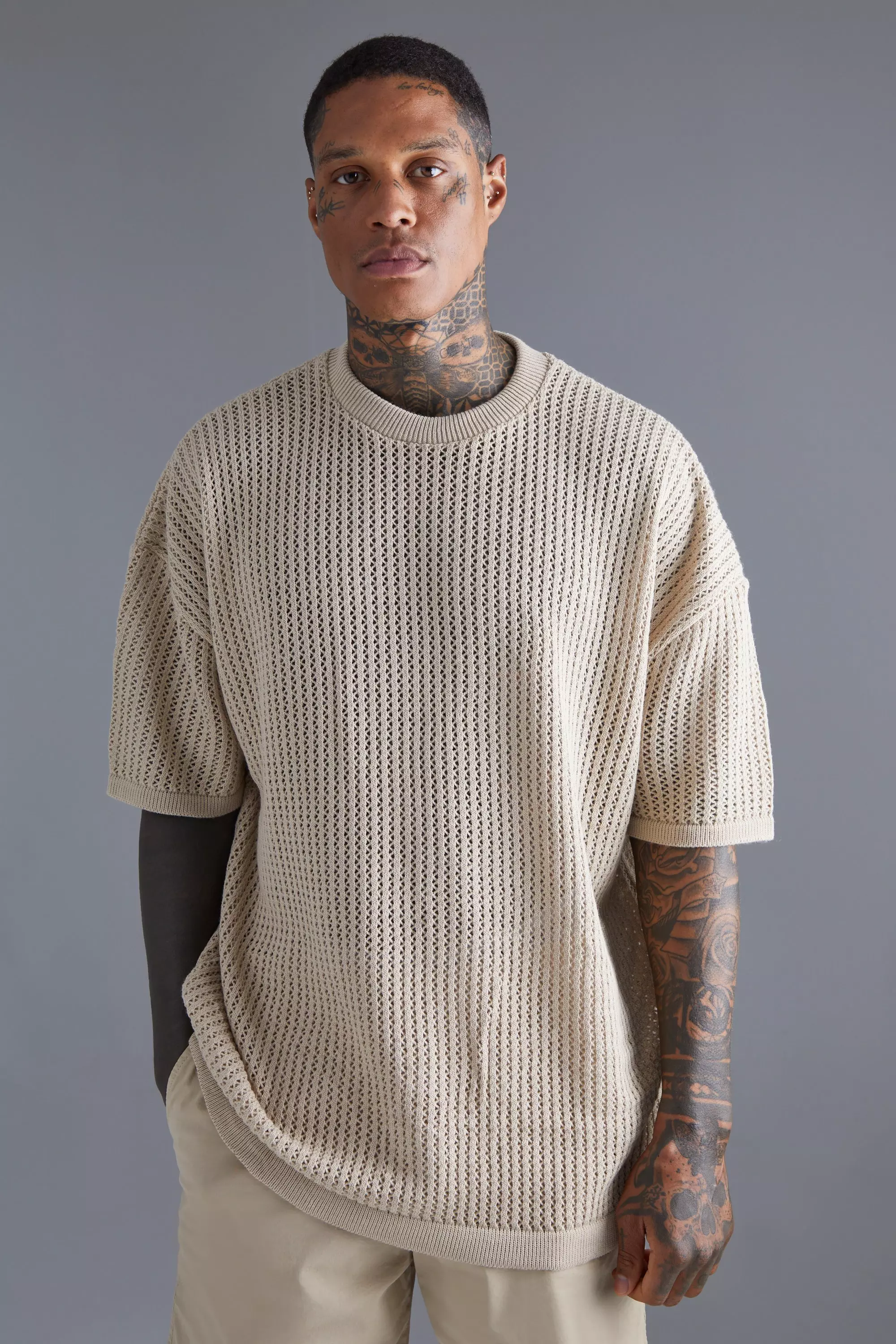 Oversized Drop Shoulder Open Stitch T shirt boohooMAN