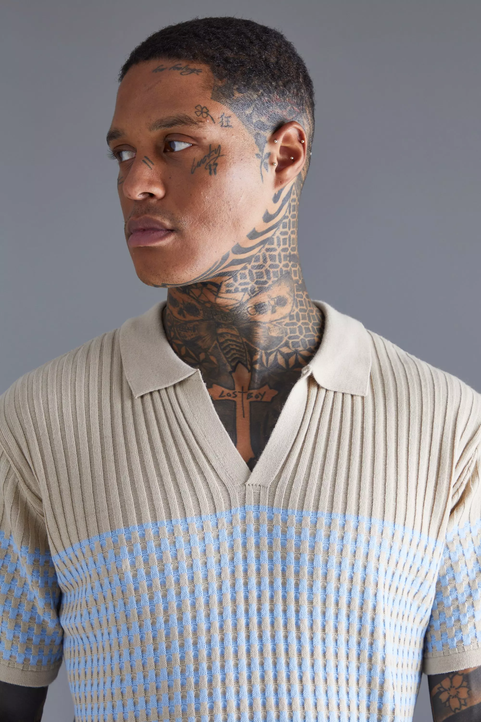 V Neck Striped Knitted Polo | boohooMAN USA