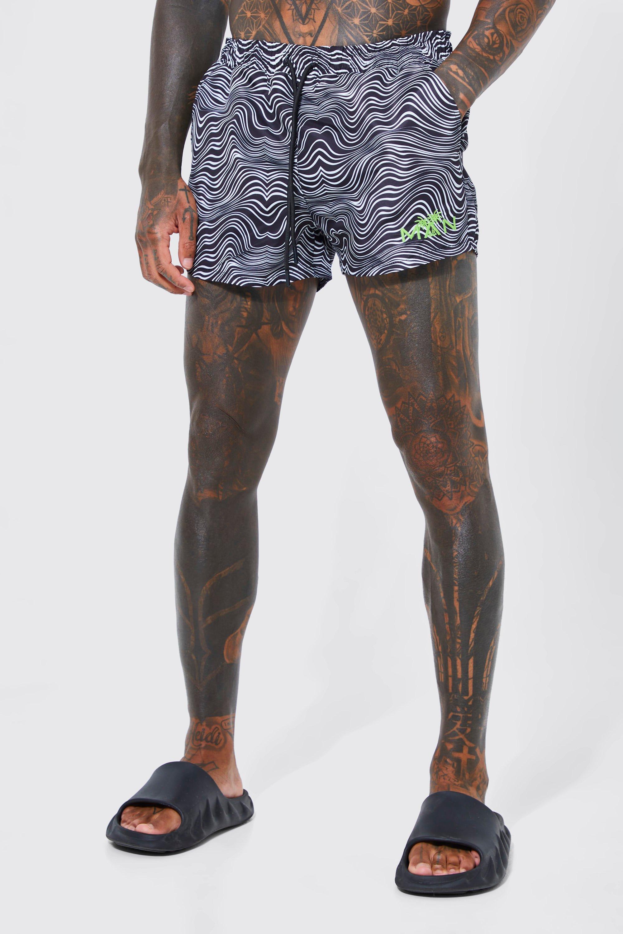 Mens Black Short Length Wavey Embroidered Swim Shorts, Black