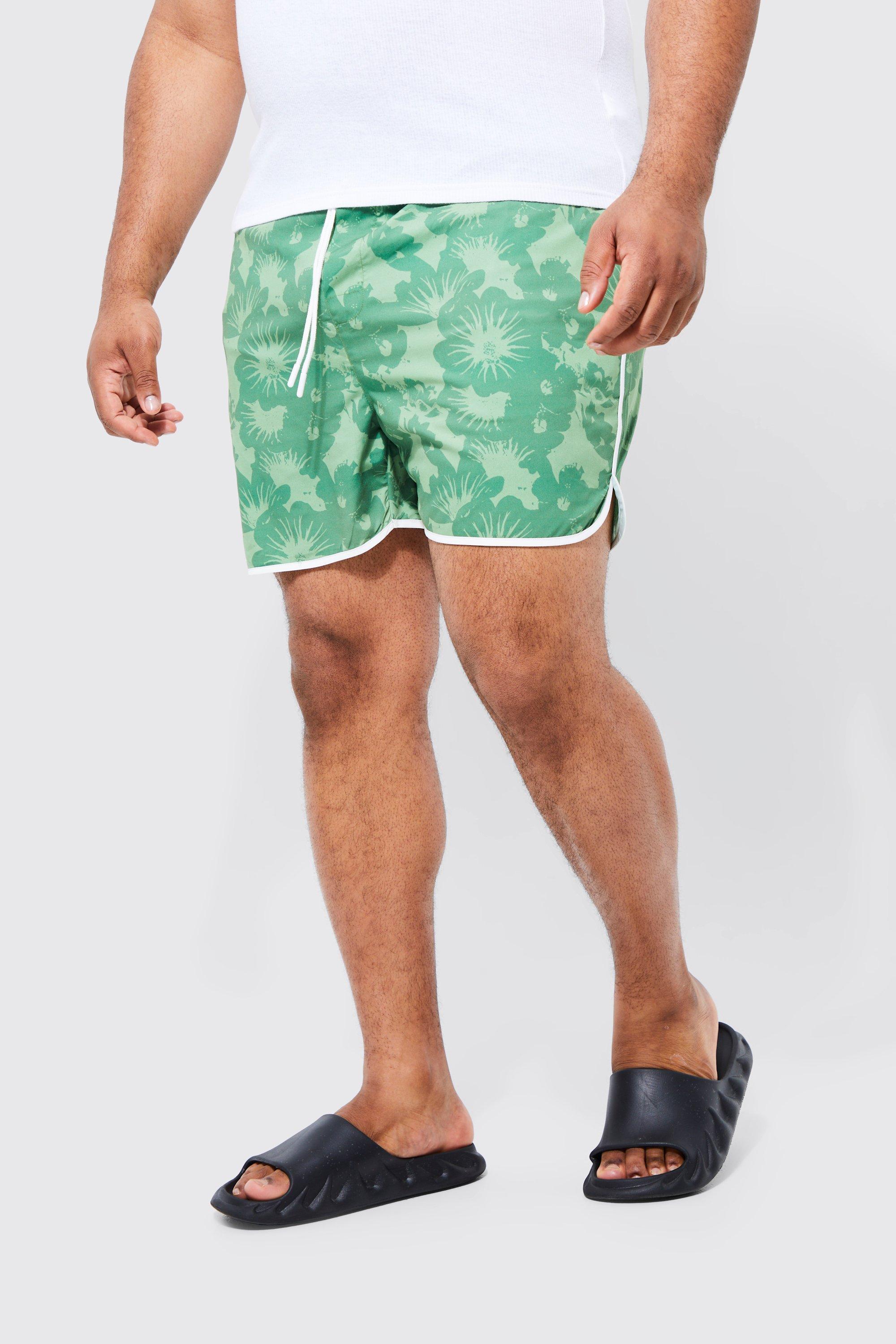 Mens Green Plus Runner Floral Printed Swim Shorts, Green