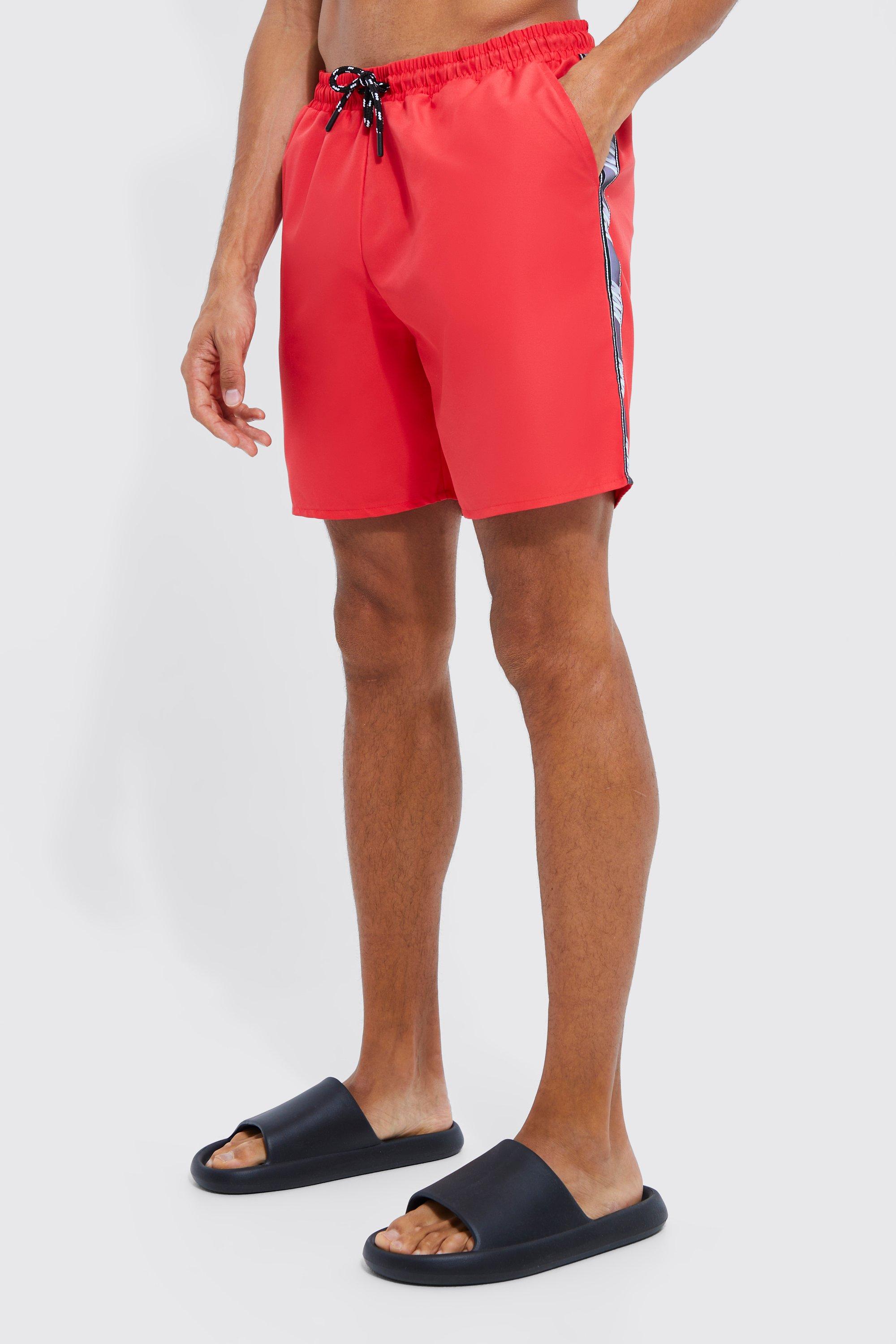 mens red tall mid length man tape swim shorts, red