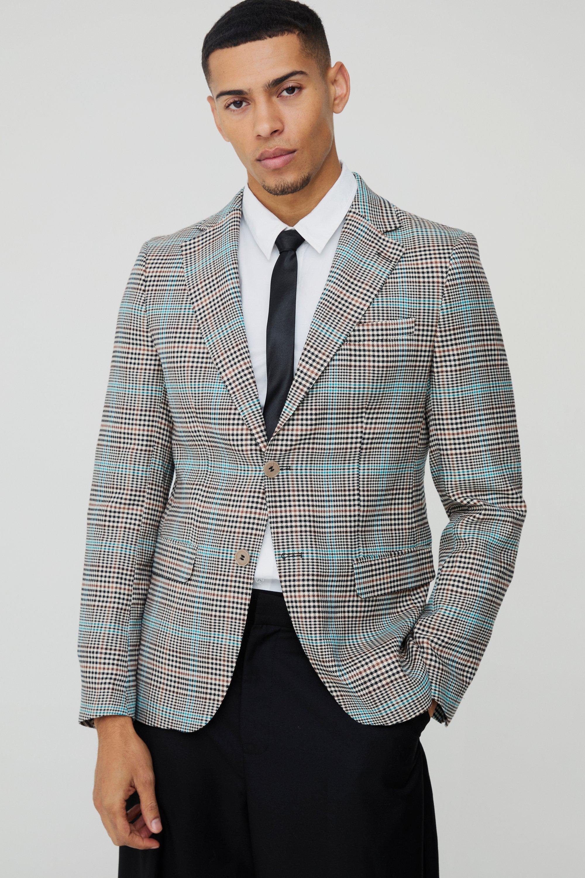 Mens Brown Slim Single Breasted Check Suit Jacket, Brown