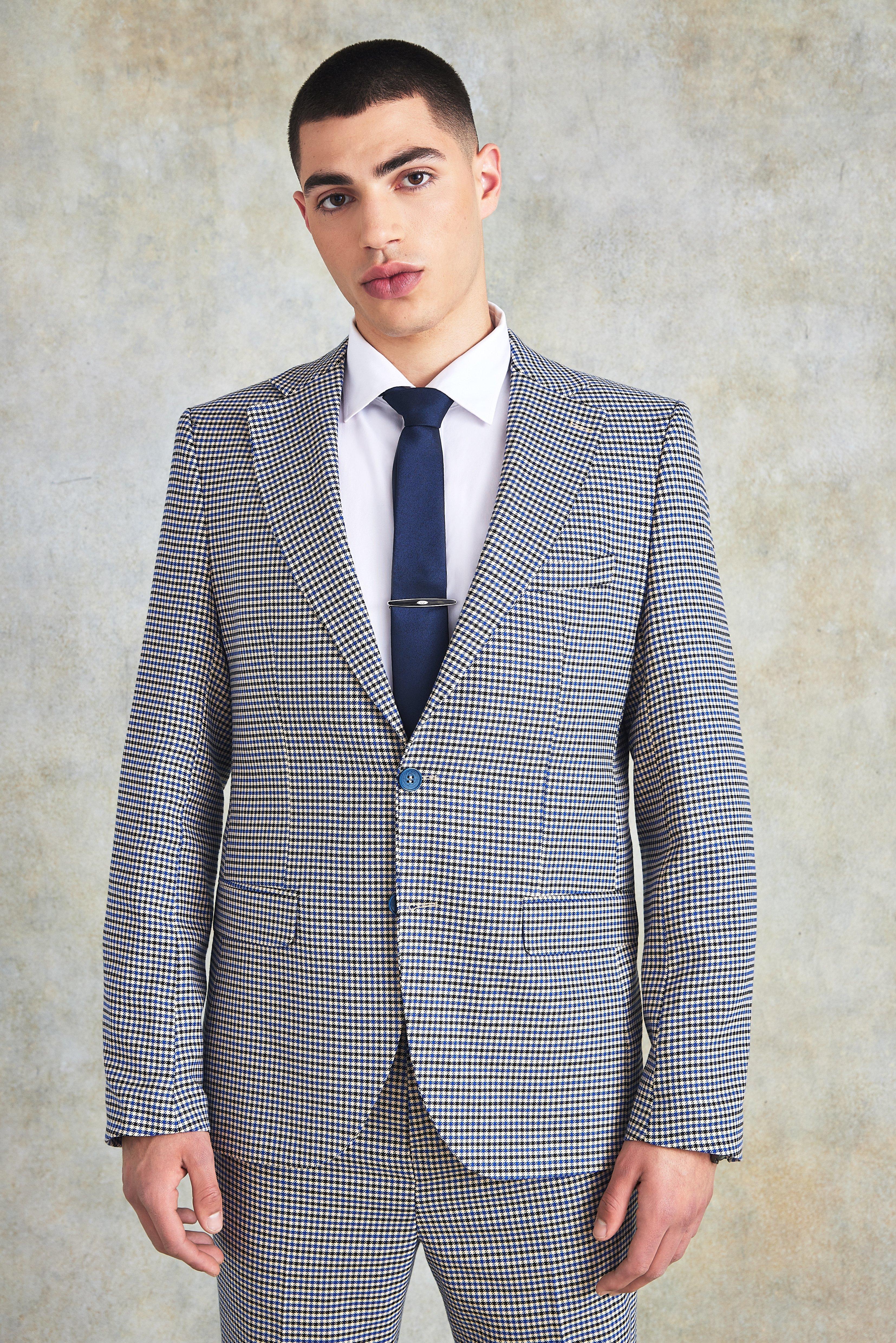 Mens Blue Slim Single Breasted Check Suit Jacket, Blue