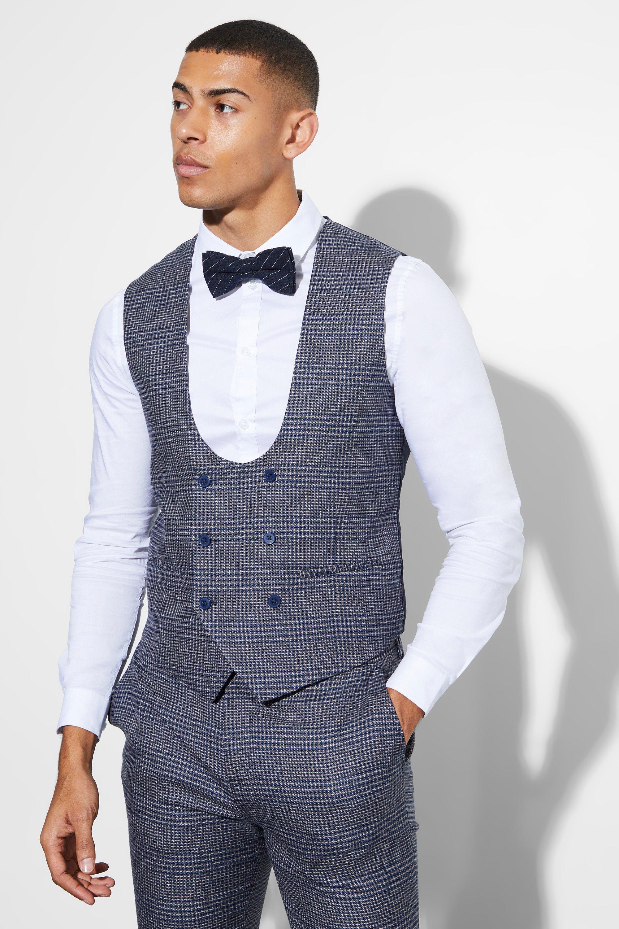 Mens Navy Skinny Double Breasted Check Waistcoat, Navy