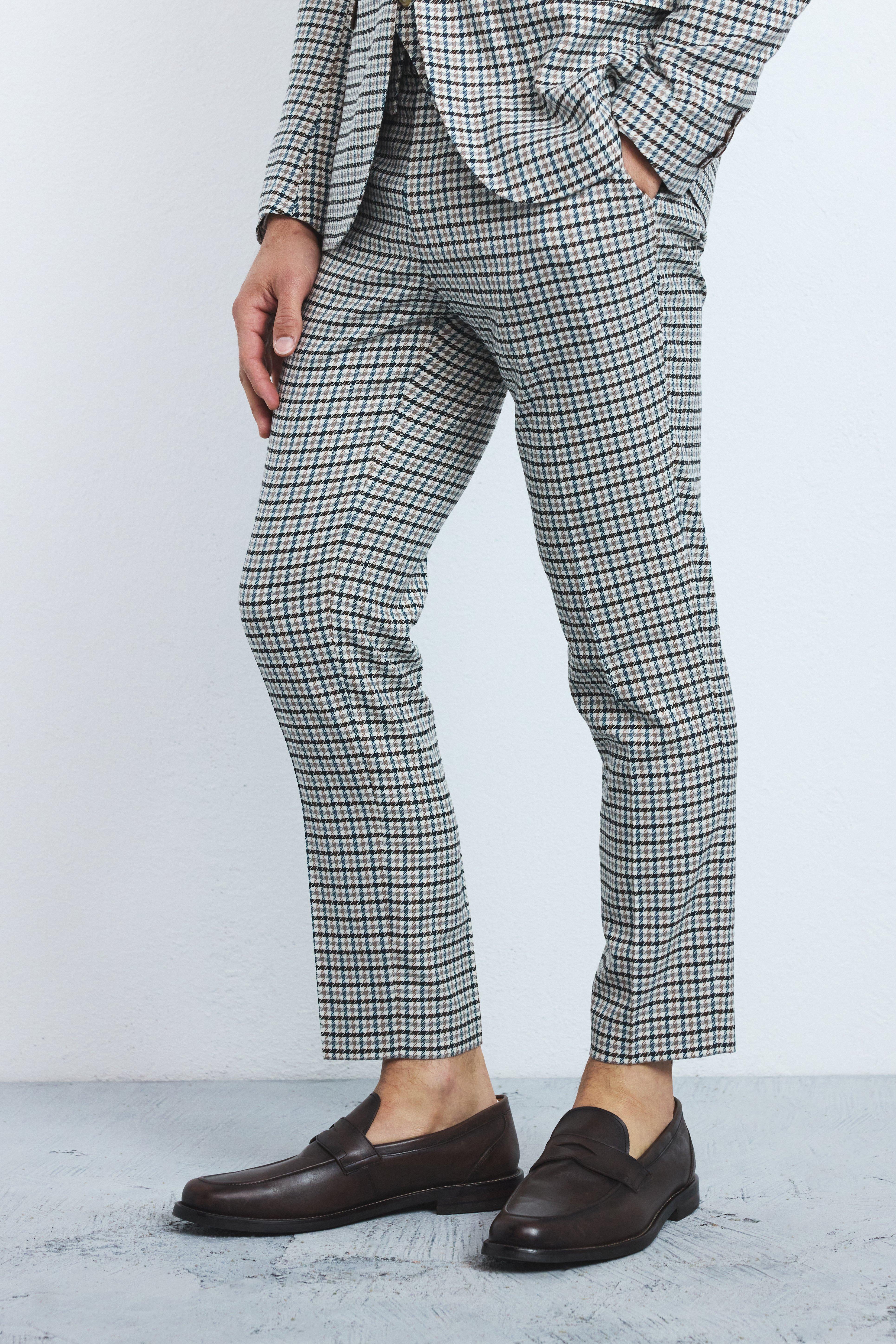 Mens Beige Skinny Cropped Checked Suit Trousers, Beige