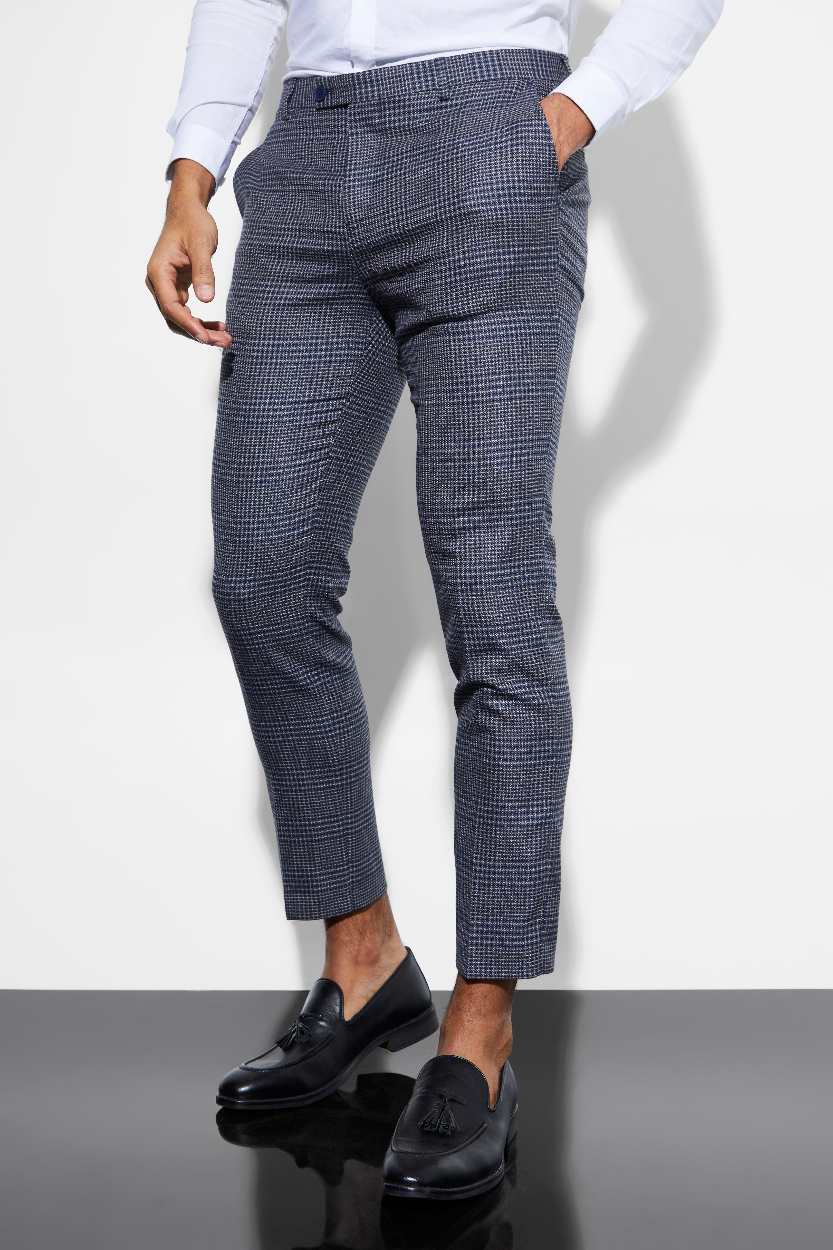 Mens Navy Skinny Fit Cropped Check Suit Trousers, Navy