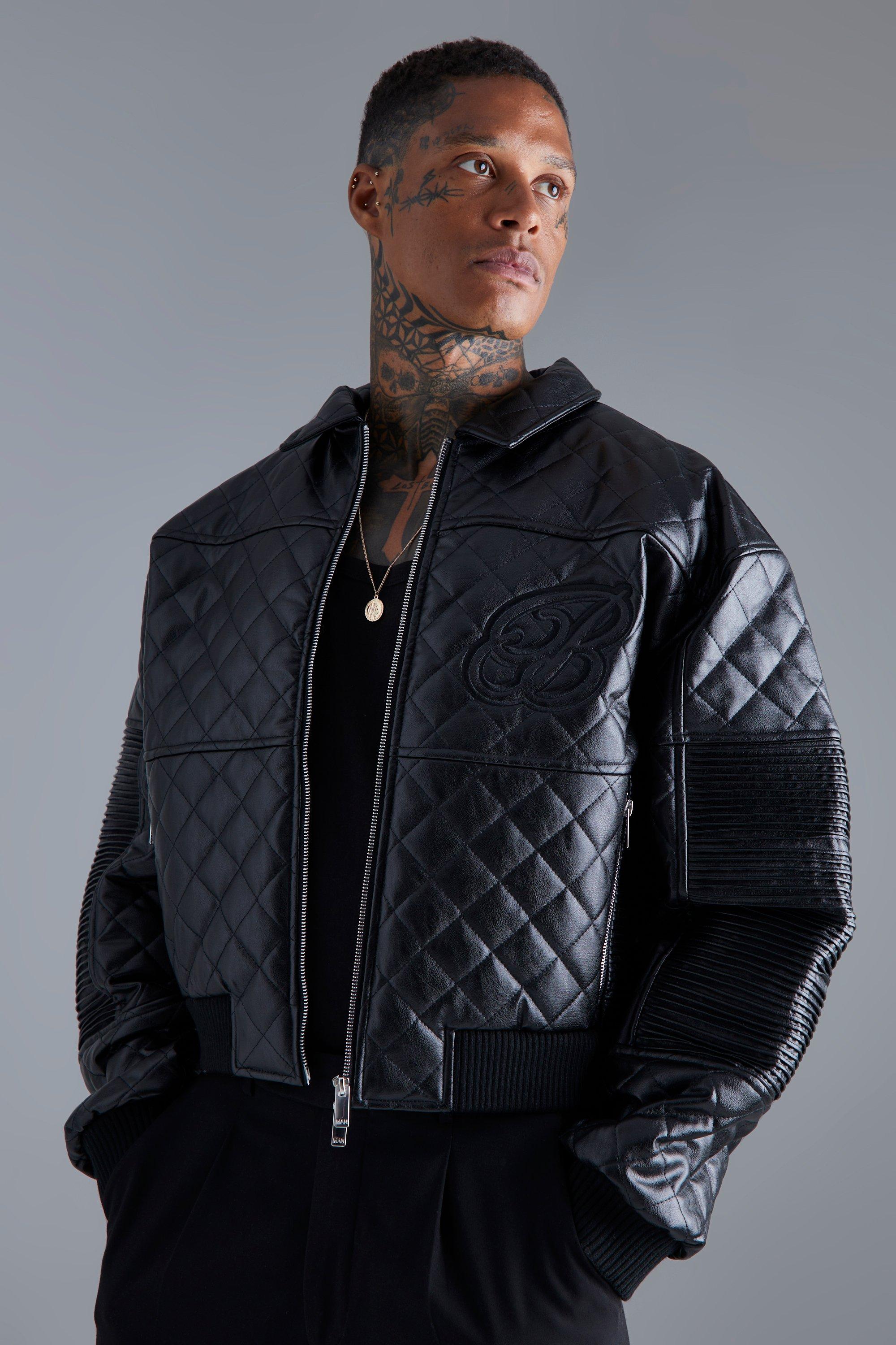 Mens Black Boxy Fit Pu Quilted Collared Bomber, Black