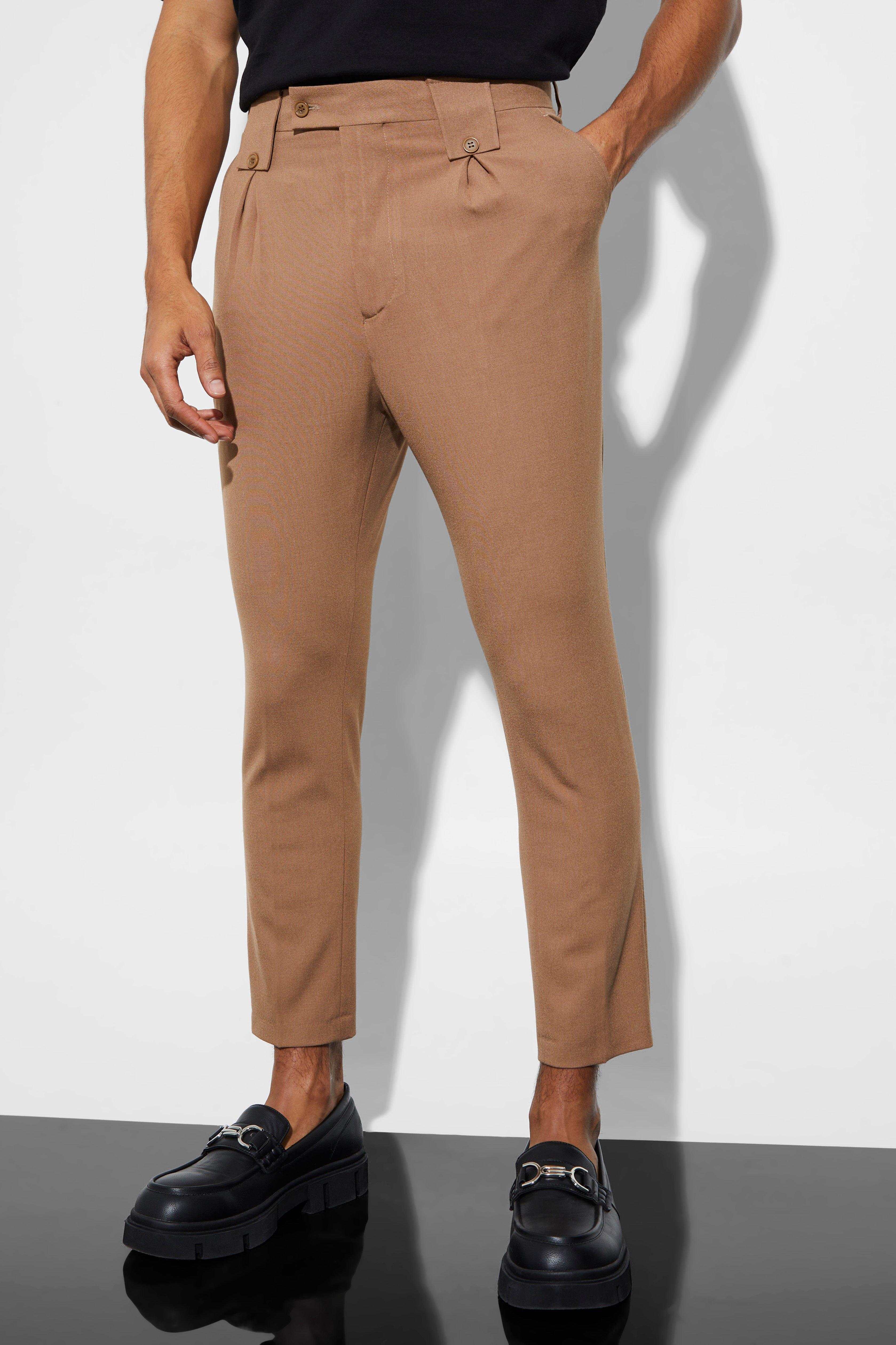 Mens Brown Tapered High Rise Trouser With Belt Loops, Brown