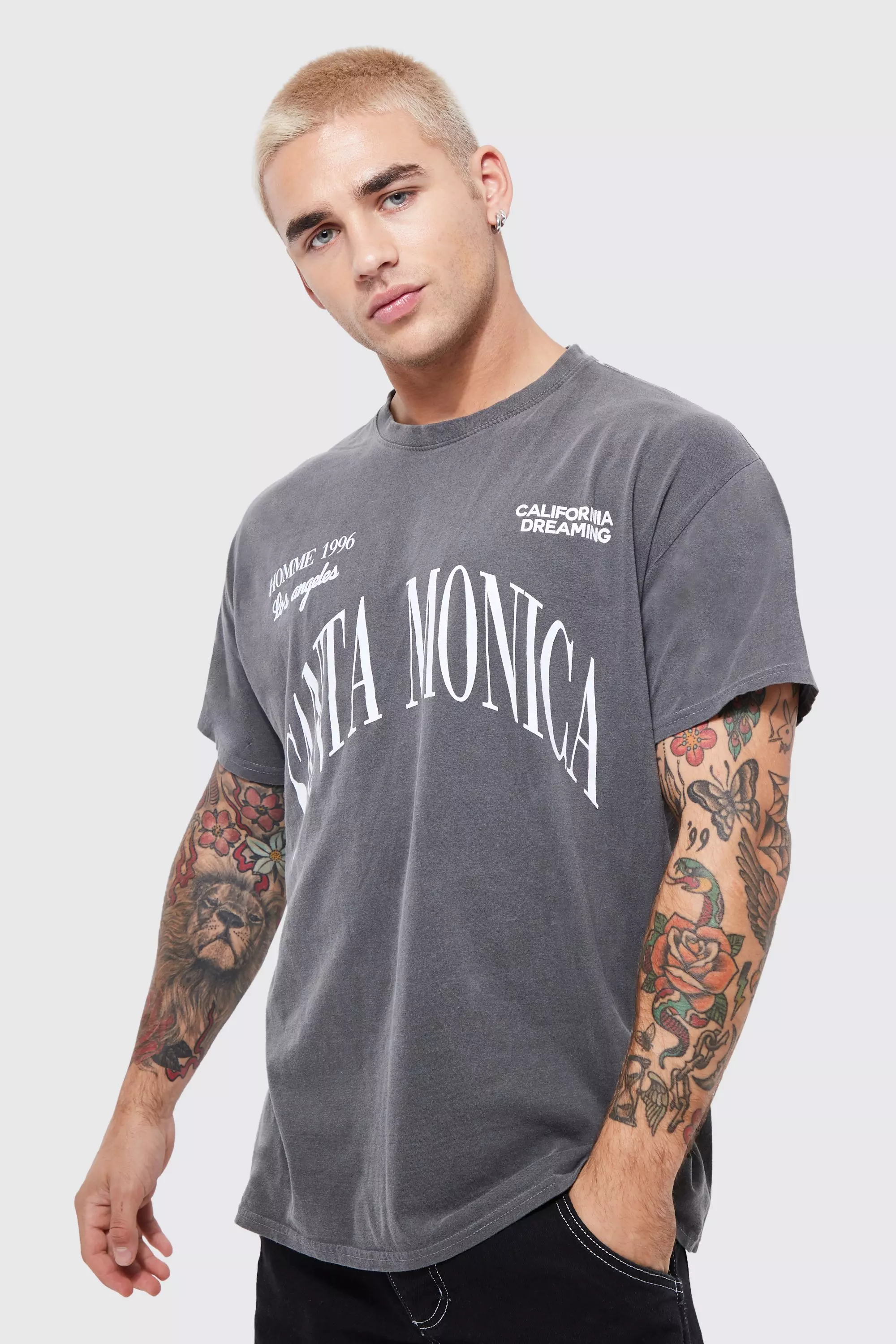 Acid Wash Santa Monica Varsity Print Boxy T-shirt | boohooMAN USA