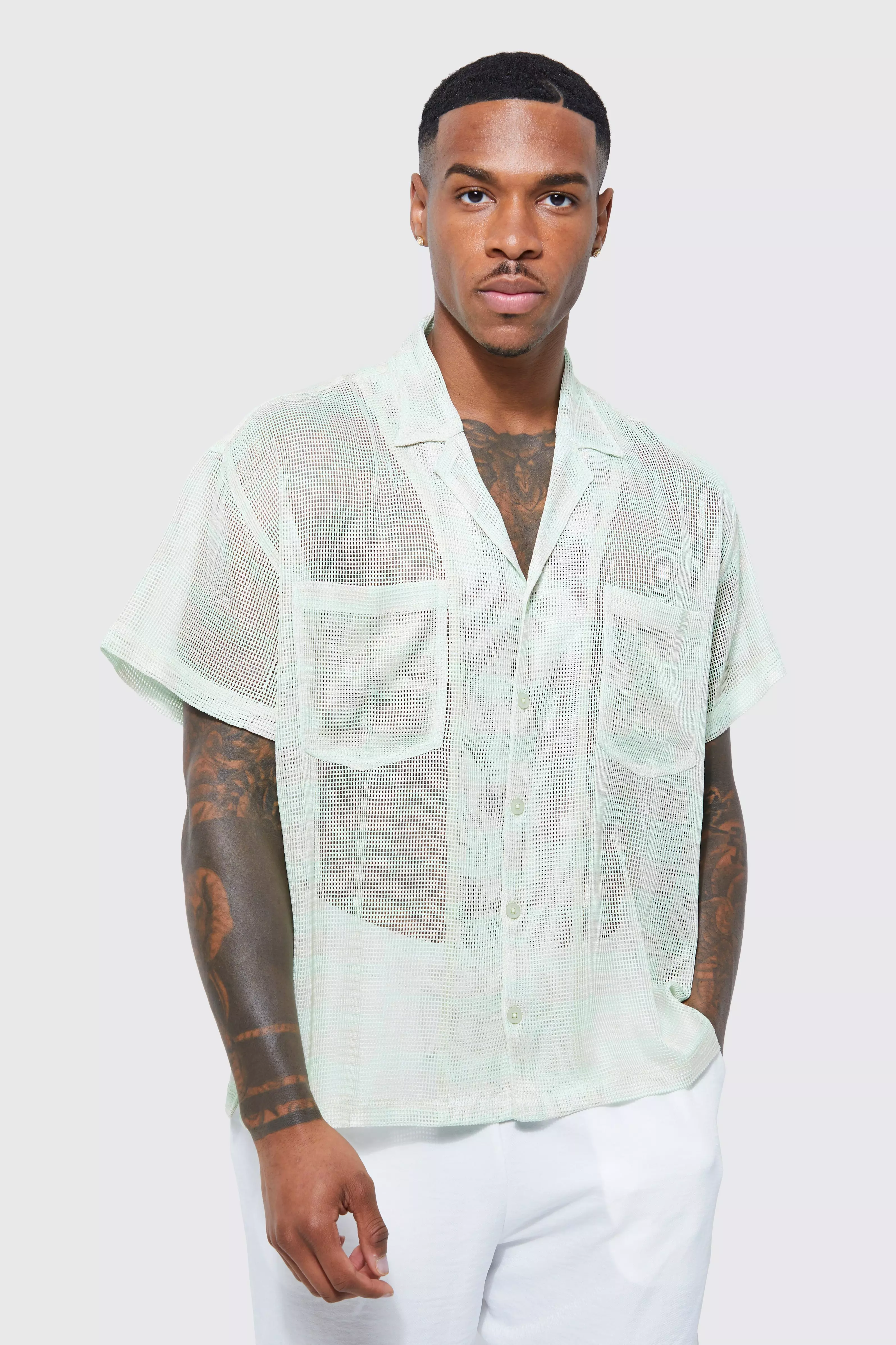 Short Sleeve Boxy Printed Mesh Shirt