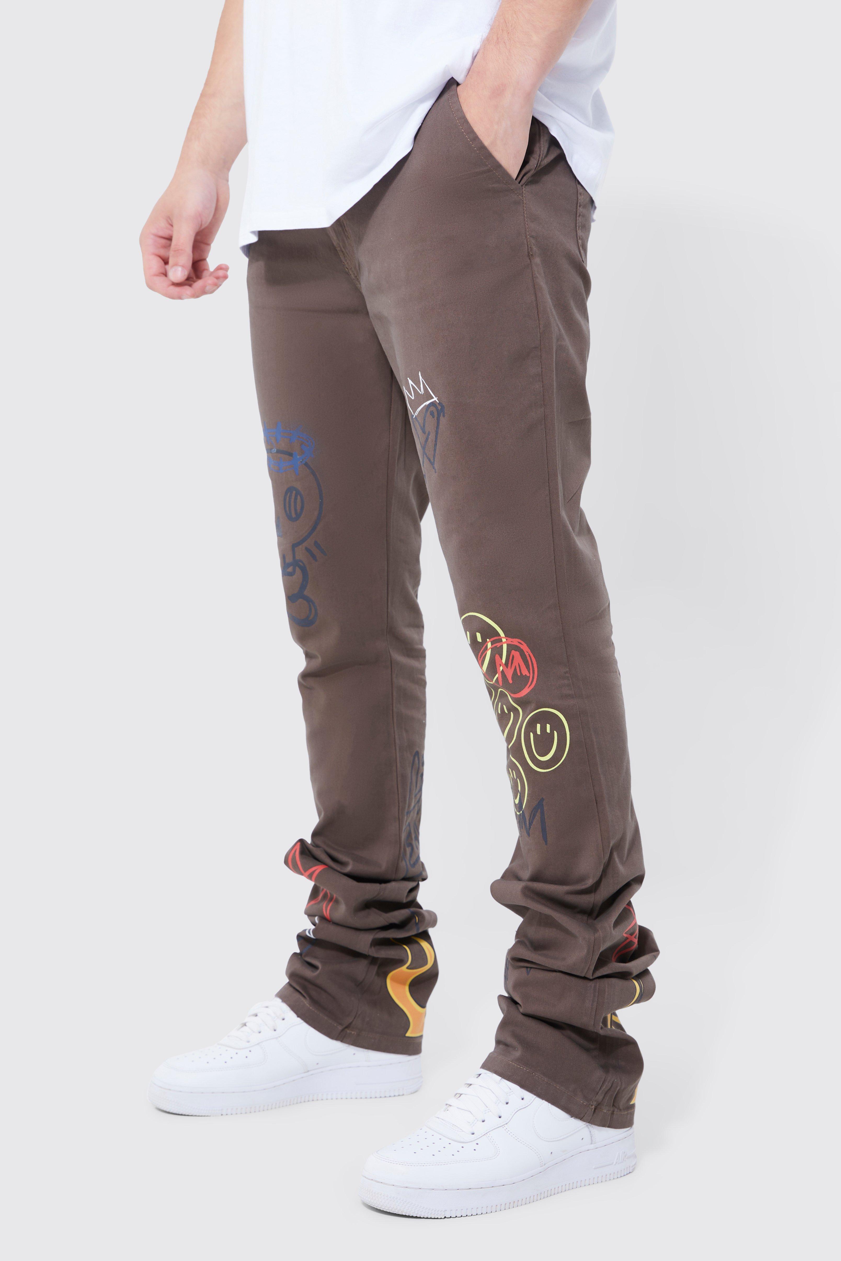 Mens Beige Tall Fixed Skinny Stacked Flare Graffiti Trouser, Beige