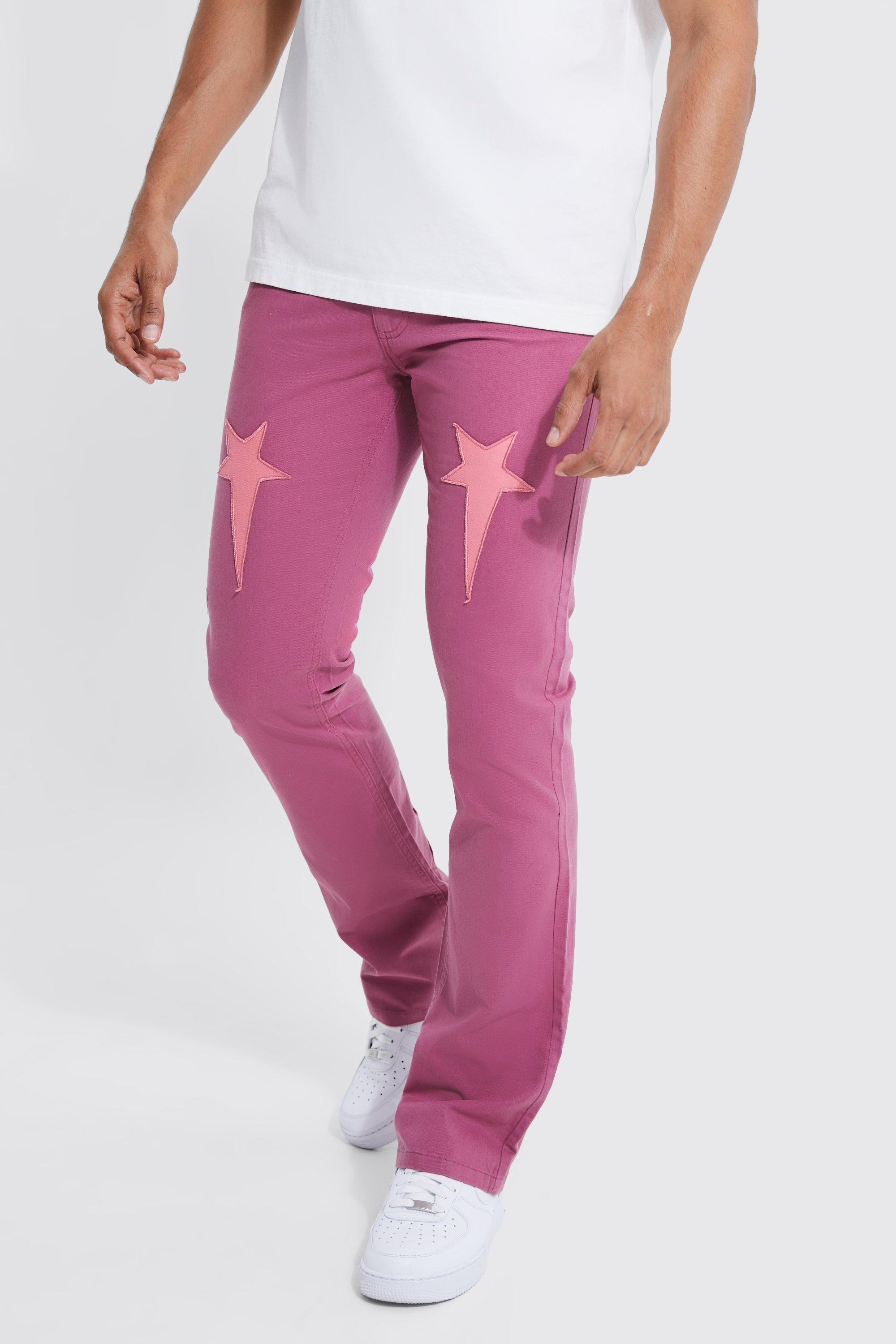 Mens Pink Fixed Waist Skinny Flare Applique Trouser, Pink