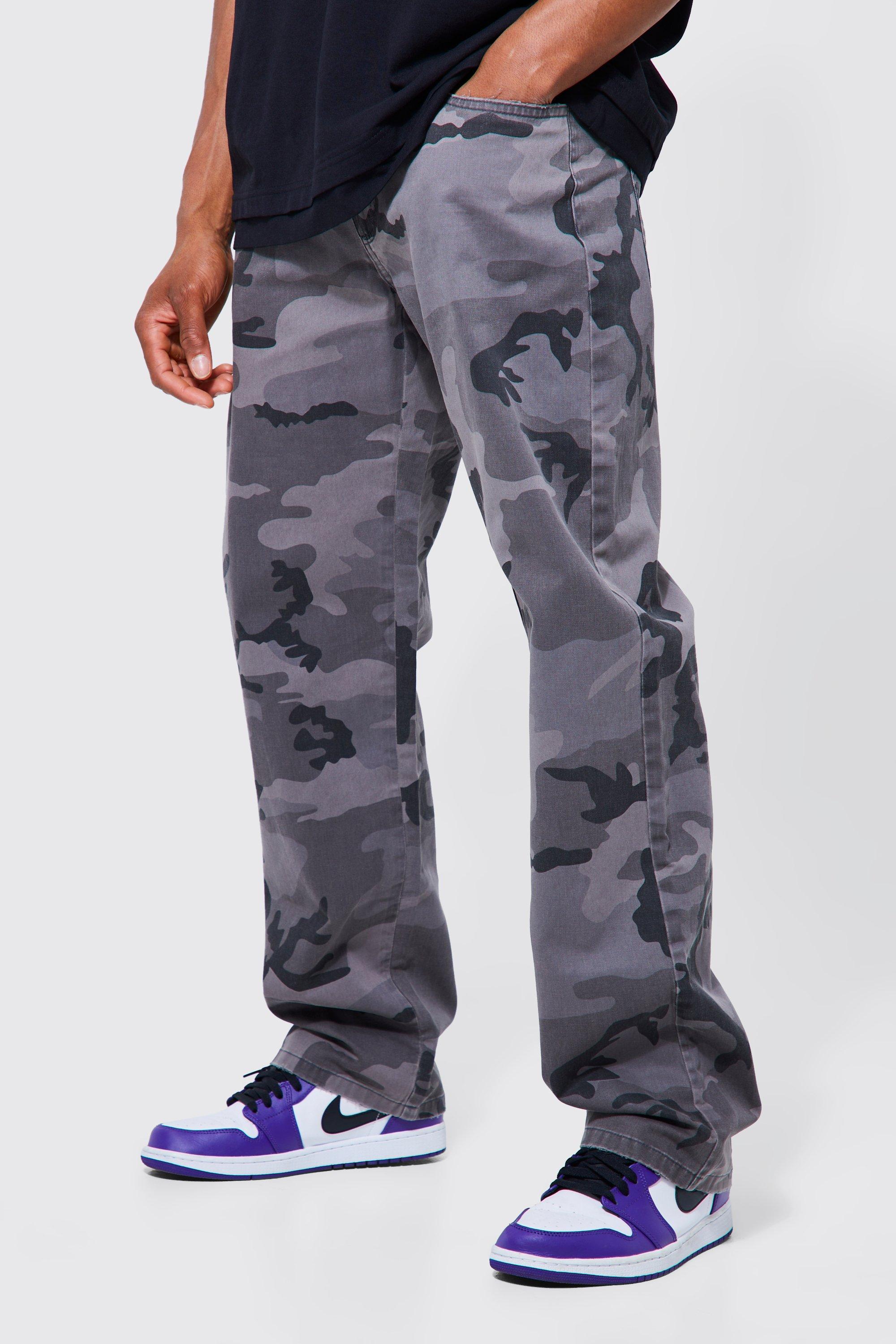 Mens Grey Fixed Waist Relaxed Washed Camo Trouser, Grey