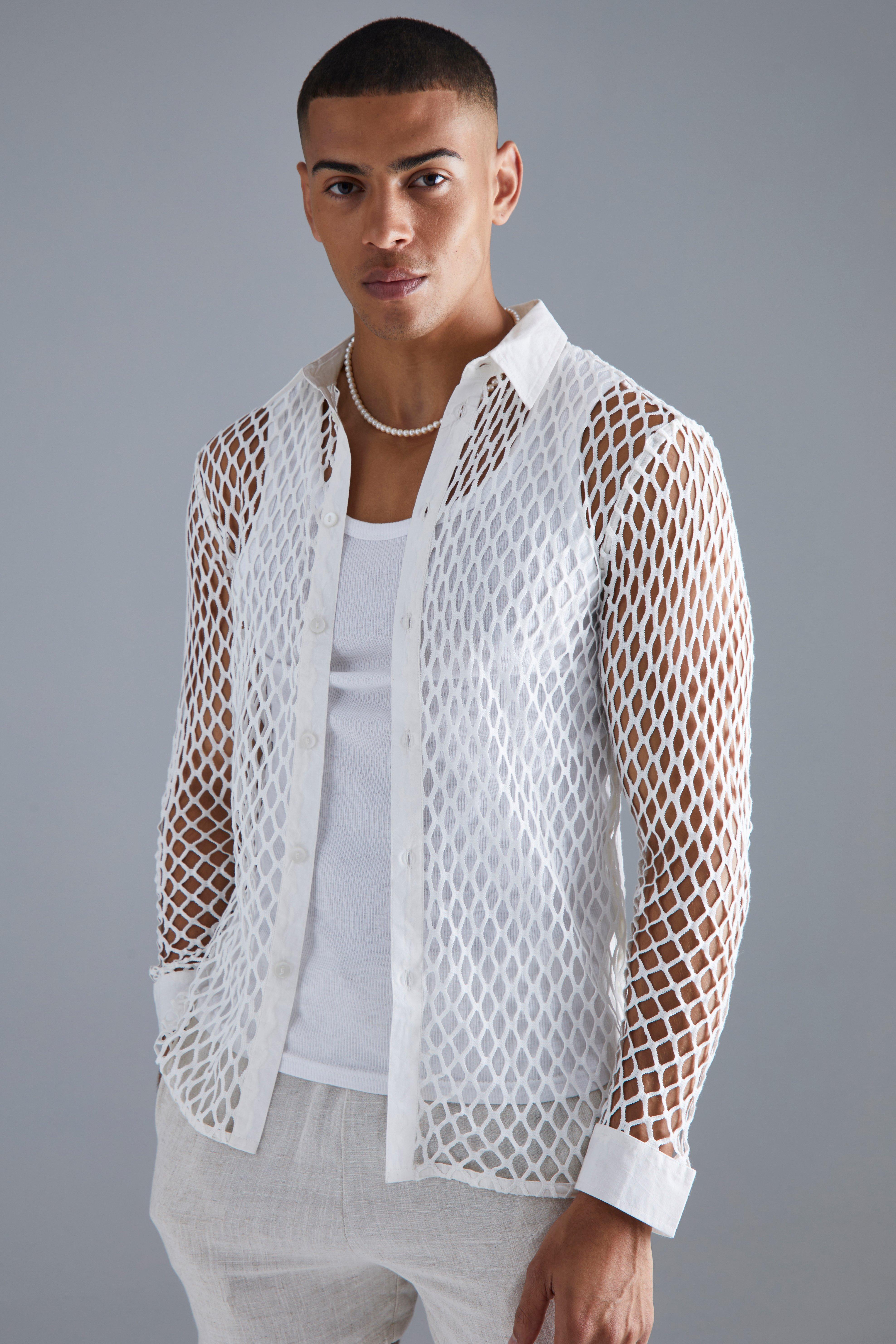 Mens Cream Long Sleeve Large Open Weave Shirt, Cream