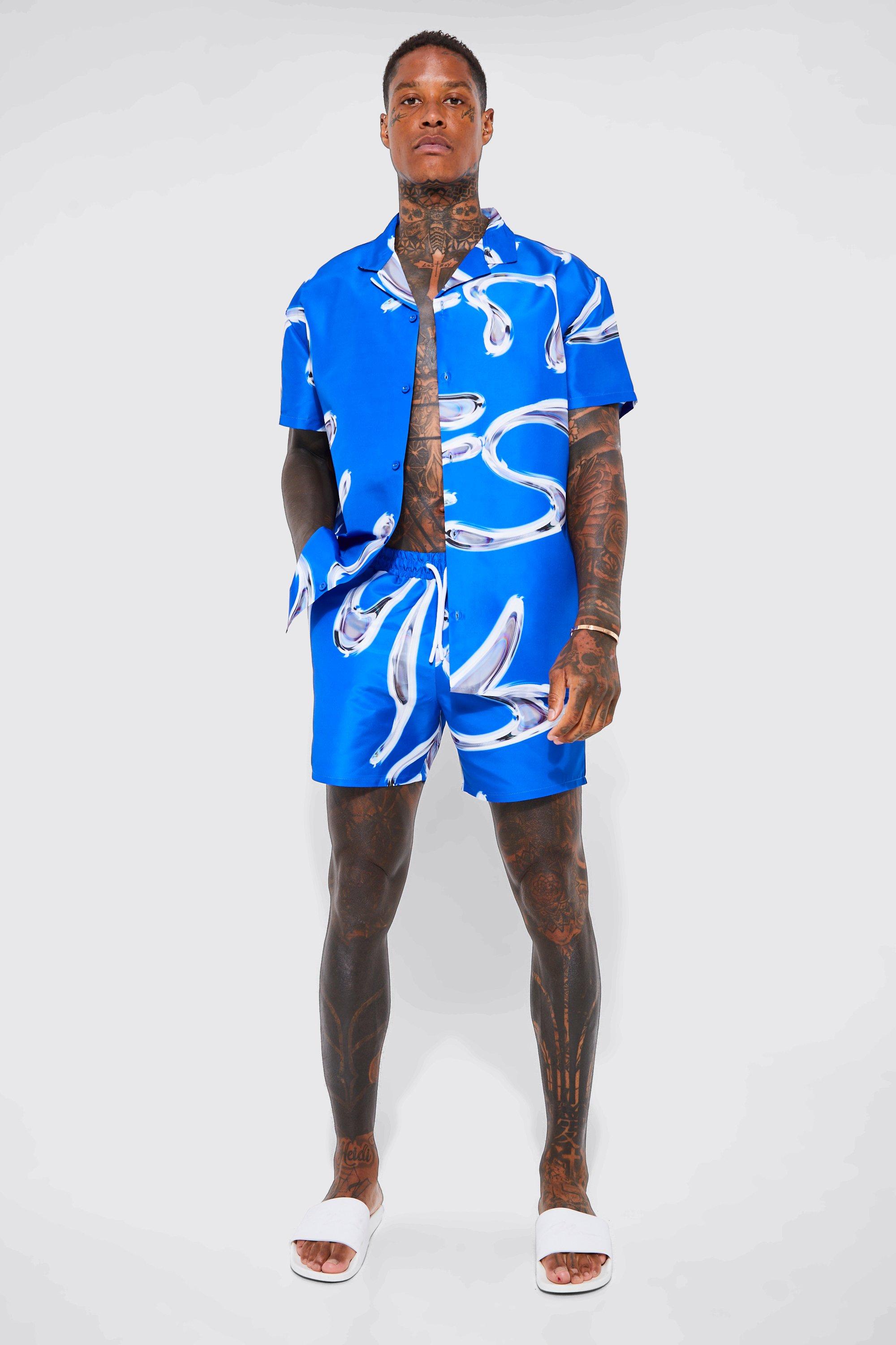 Mens Blue Short Sleeve Metallic Swirl Shirt And Swim Short, Blue