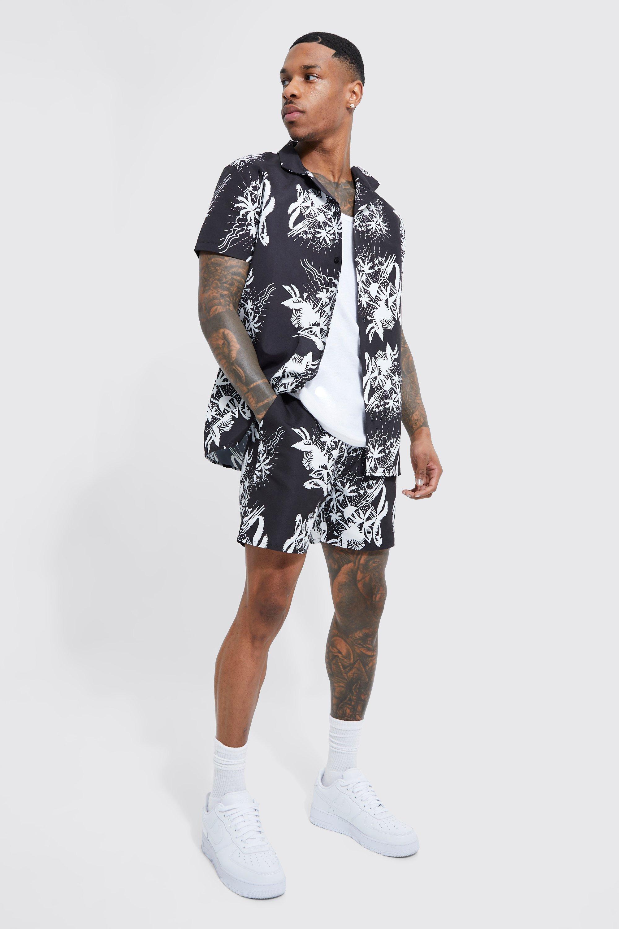 Mens Black Short Sleeve Floral Shirt And Swim Short, Black