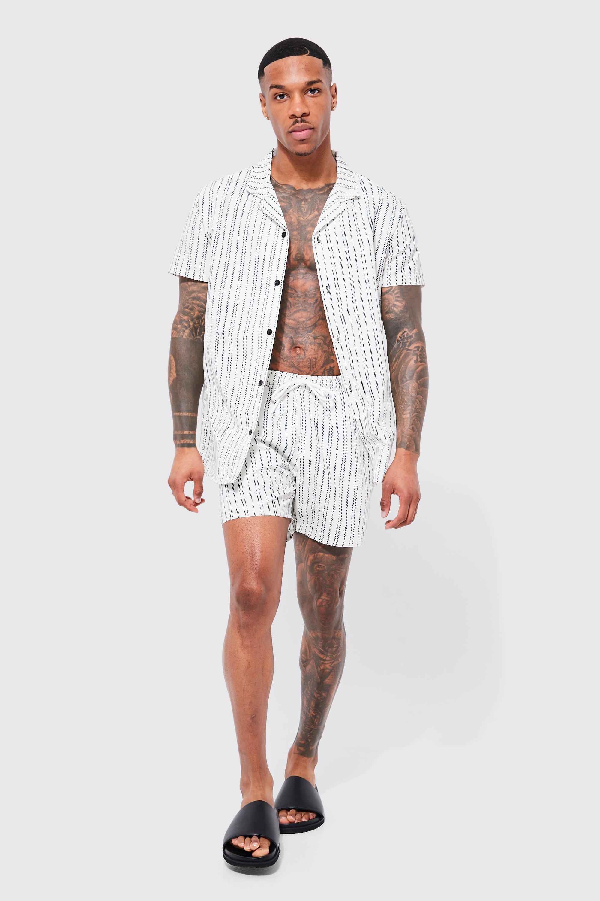 Set camicia a maniche corte a righe tratteggiate & costume a pantaloncino, Nero