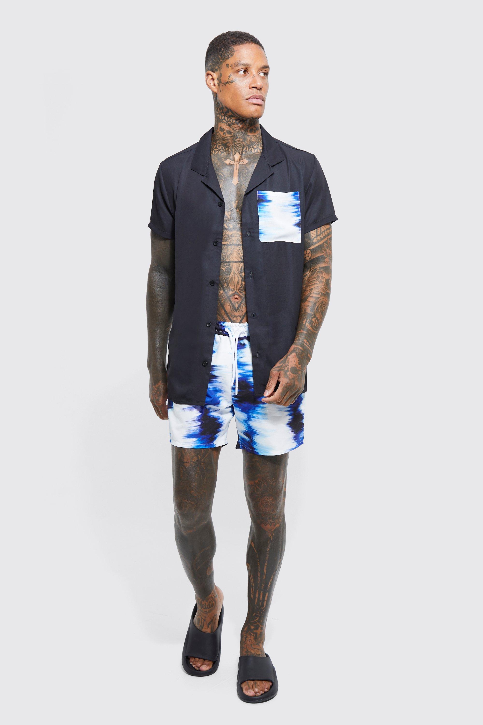 Mens Blue Short Sleeve Tie Dye Pocket Shirt And Swim Set, Blue