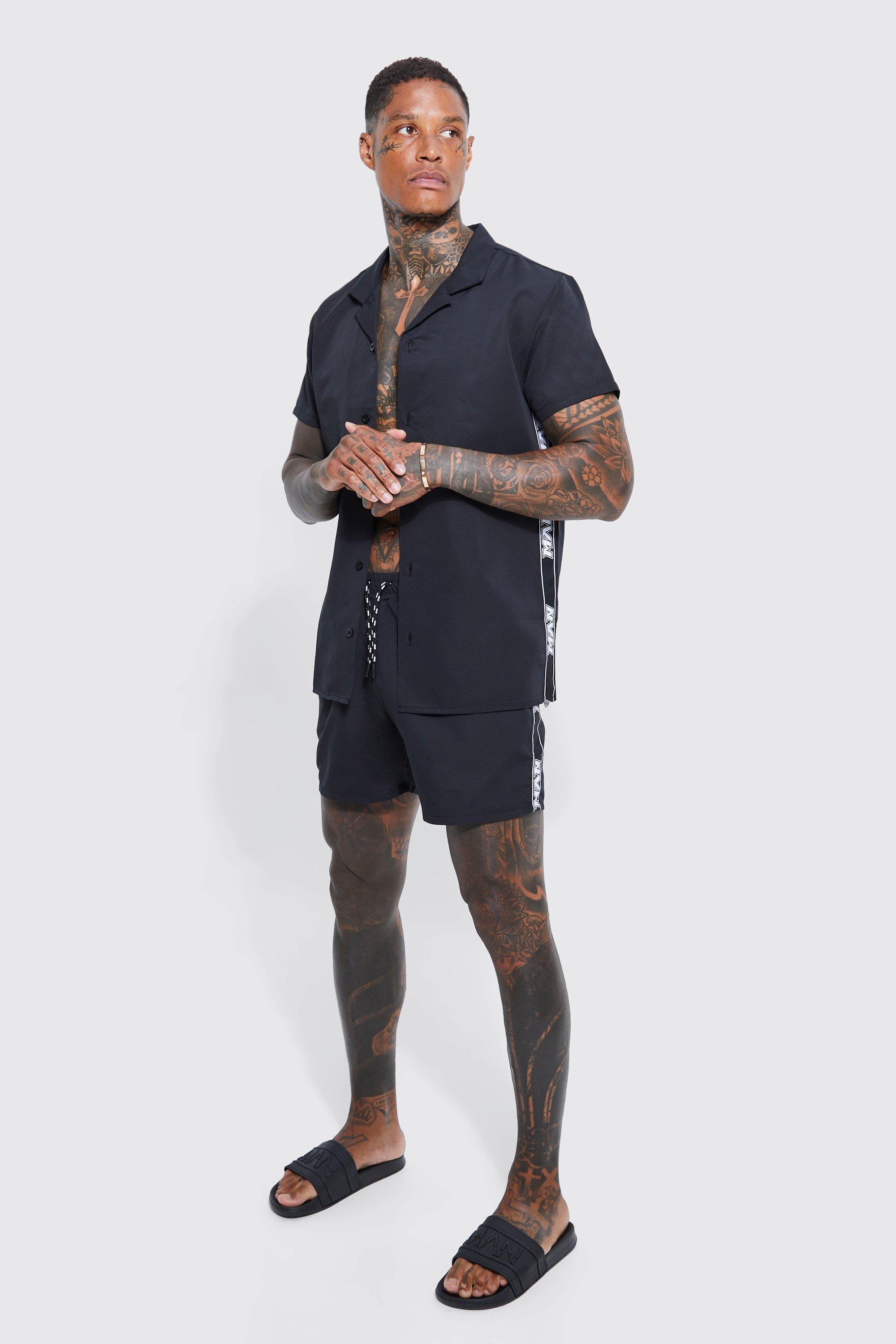 Mens Black Short Sleeve Tape Detail Shirt And Swim Set, Black