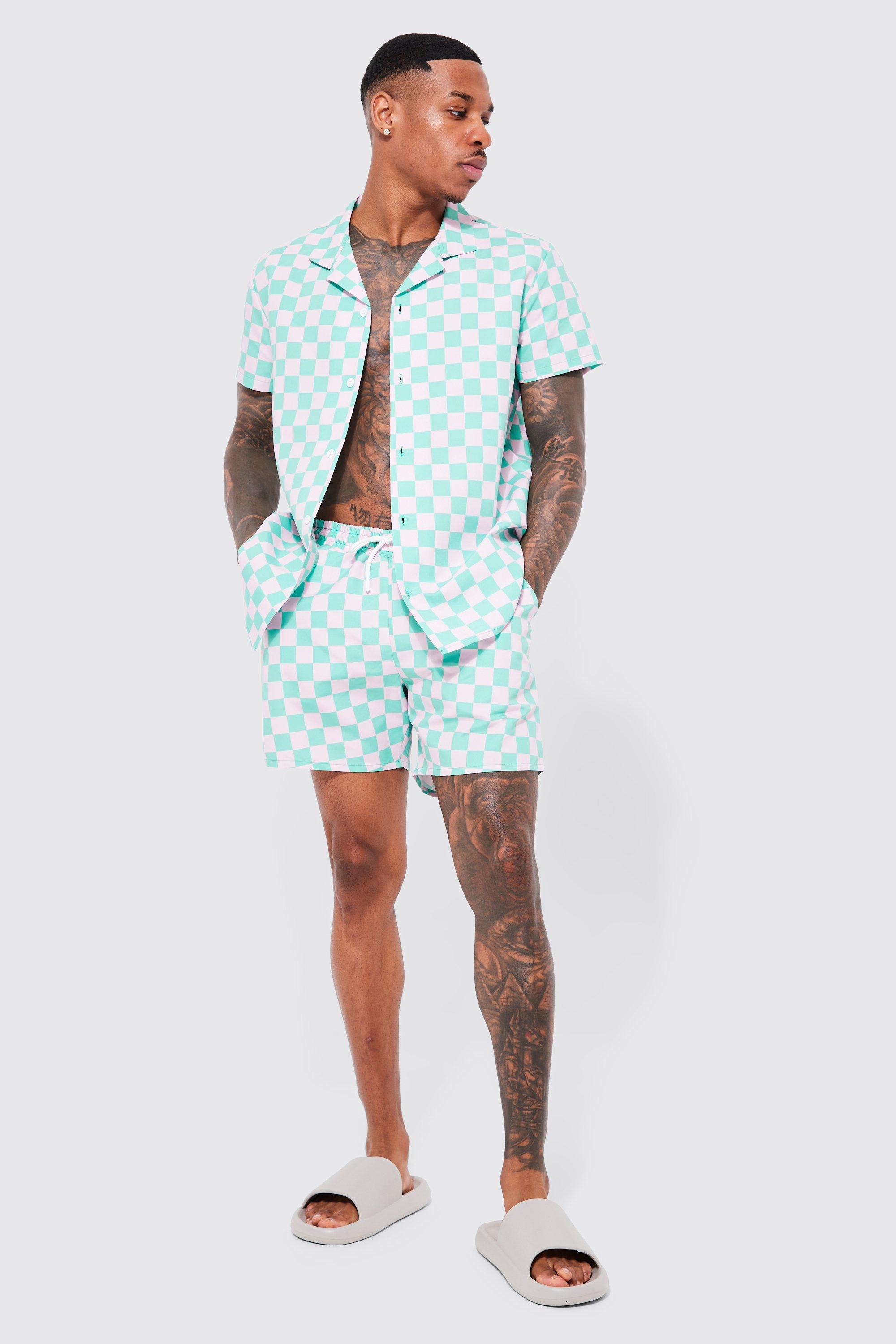 Mens Green Short Sleeve Checkerboard Shirt And Swim Set, Green